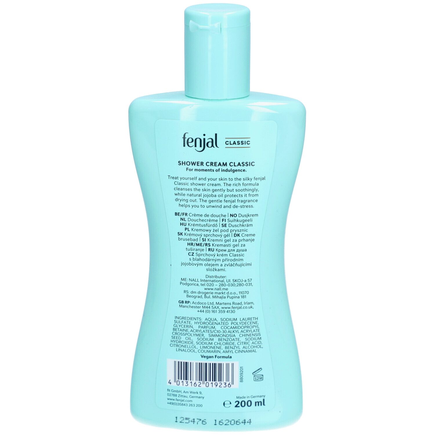 Rückseite einer hellblauen Duschgelflasche von Fenjal. Aufschrift: Classic, Shower Cream Classic. Text in mehreren Sprachen. Vegan-Formel.