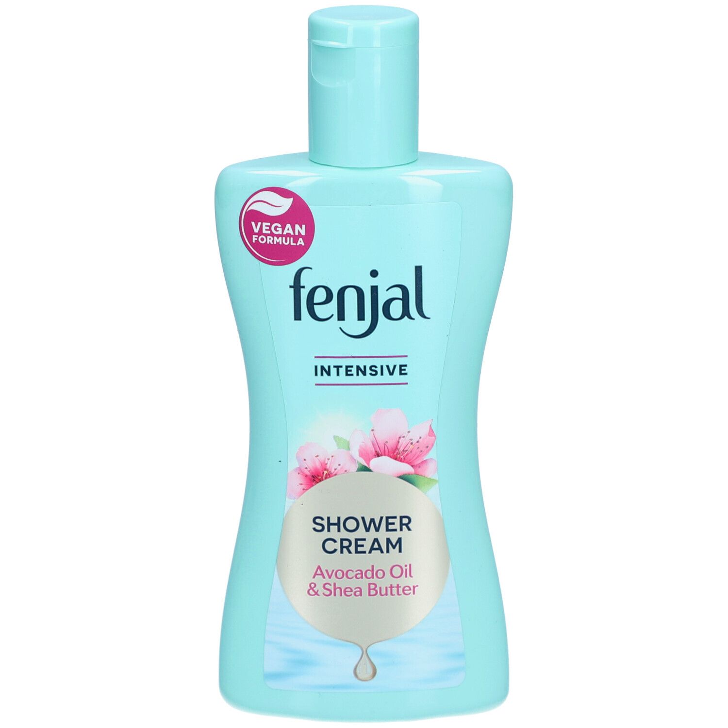 Hellblaue Flasche mit "fenjal"-Logo, "Intensive" und "Shower Cream". Vegan-Siegel. Avocadoöl & Sheabutter.