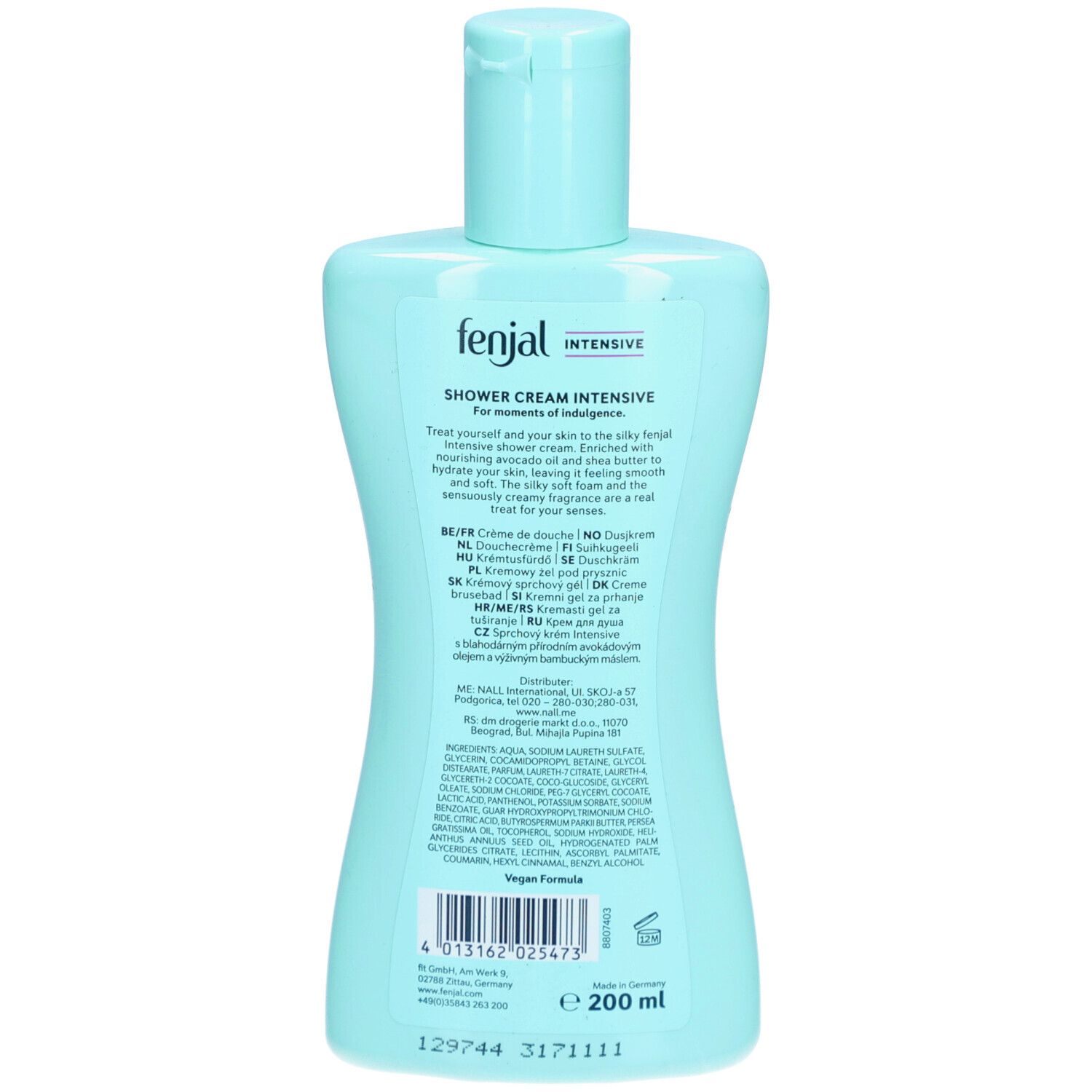Rückseite der hellblauen Flasche. "fenjal"-Logo, "Intensive" und "Shower Cream". Text, Inhaltsstoffe, Barcode und Vegan-Siegel.