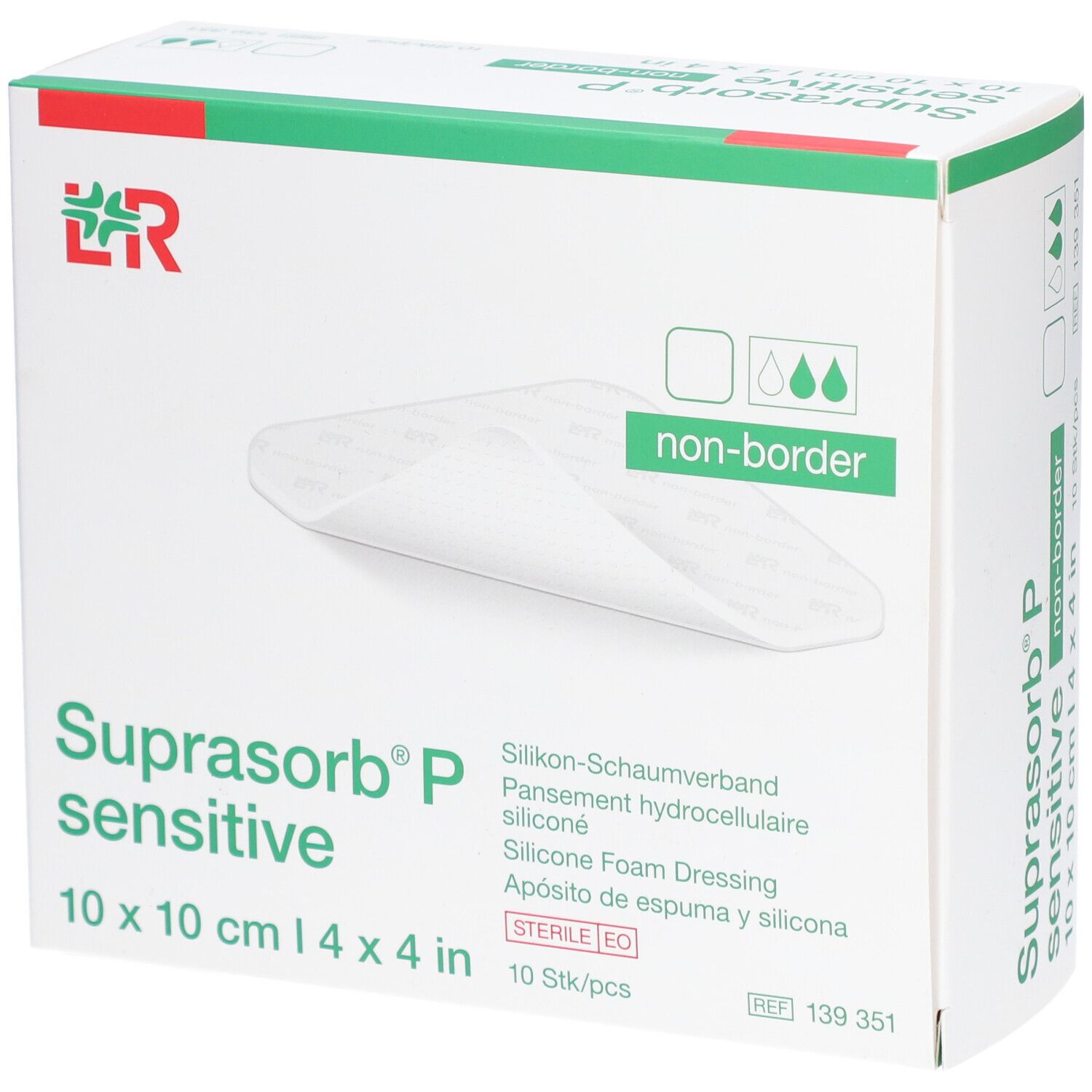 Verpackung von Suprasorb P sensitive, 10x10cm, nicht-border. Enthält 10 Stück. Aufdrucke: Silikon-Schaumverband, sterile EO.