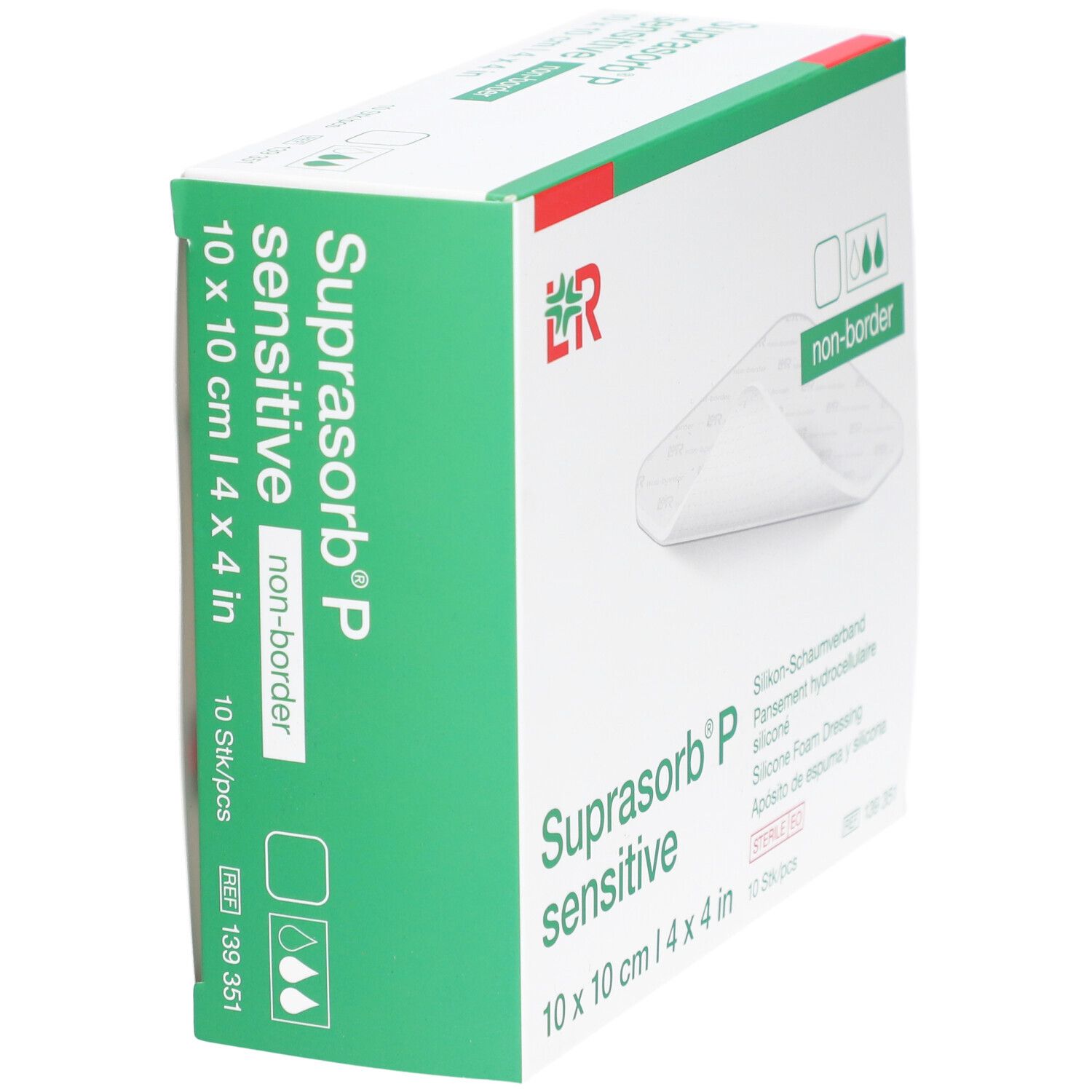 Schräg gestellte Verpackung von Suprasorb P sensitive, 10x10cm, nicht-border. Enthält 10 Stück. Sterile EO.