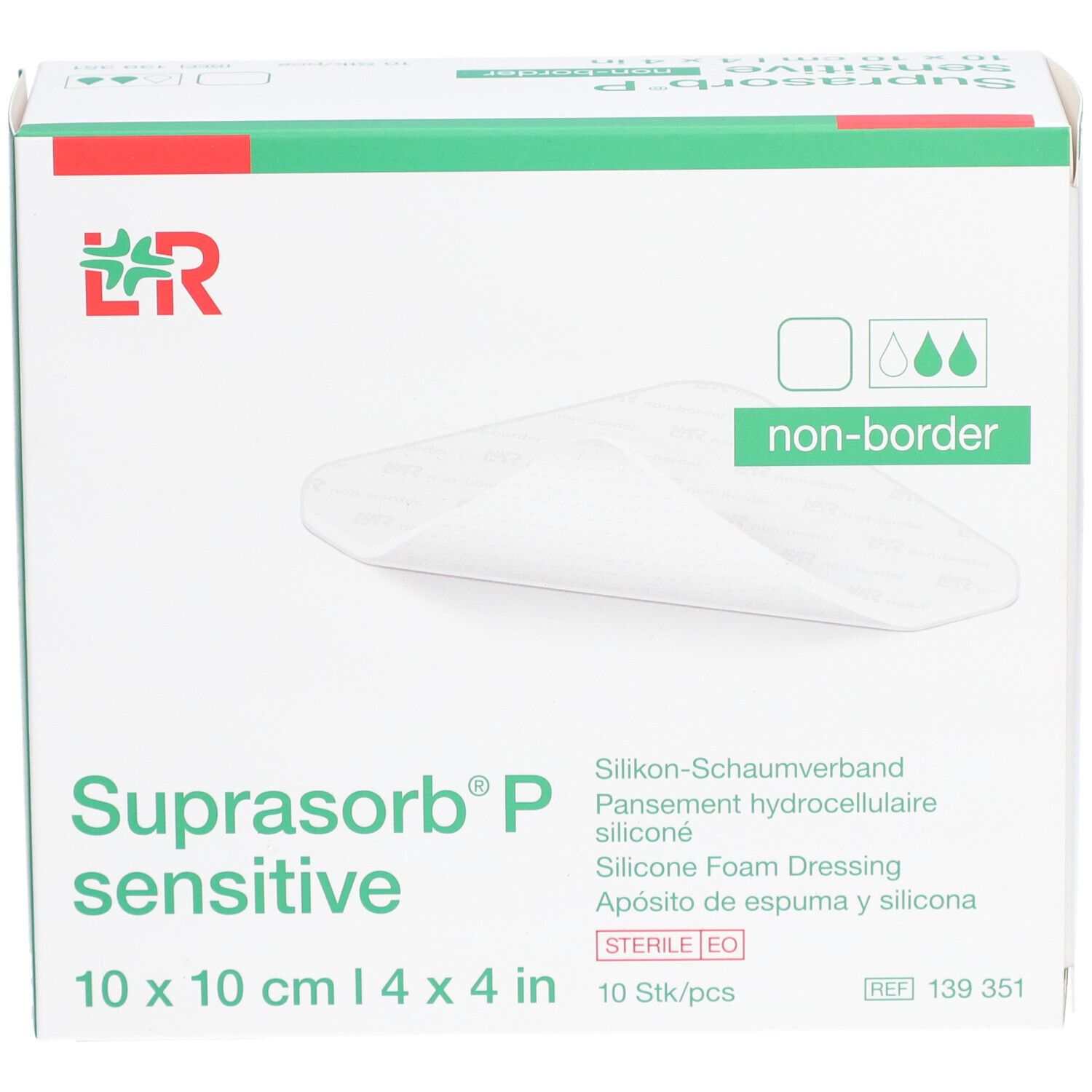 Verpackung von Suprasorb P sensitive, 10x10cm, nicht-border. Enthält 10 Stück. Aufdrucke: Silikon-Schaumverband, sterile EO.