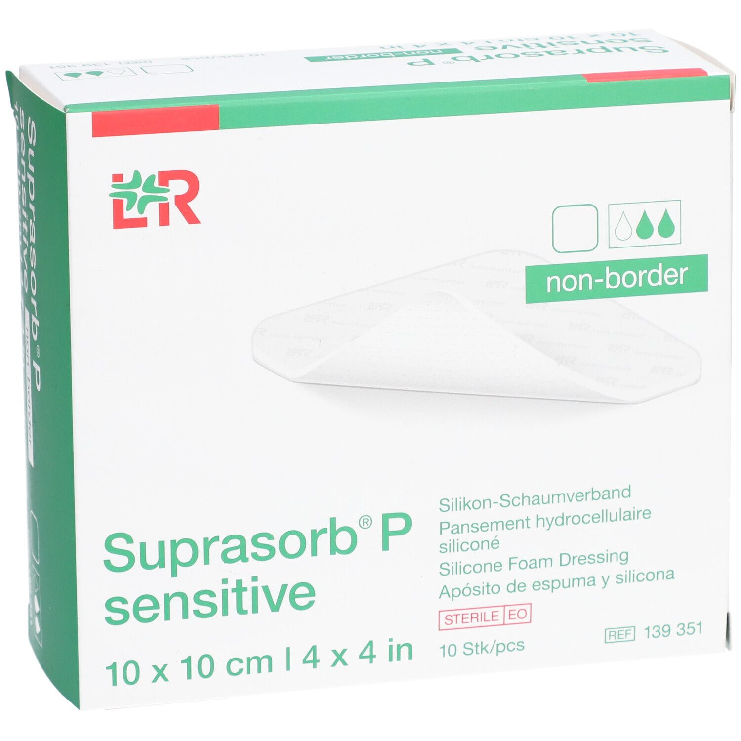 Verpackung von Suprasorb P sensitive, 10x10cm, nicht-border. Enthält 10 Stück. Aufdrucke: Silikon-Schaumverband, sterile EO.