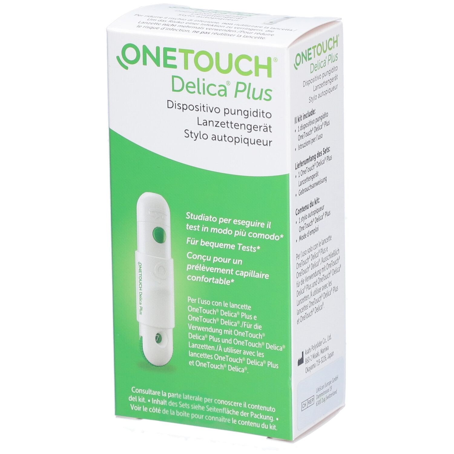 Verpackung von OneTouch Delica Plus. Weiß mit grünen Akzenten. Produktname und Beschreibung in mehreren Sprachen.