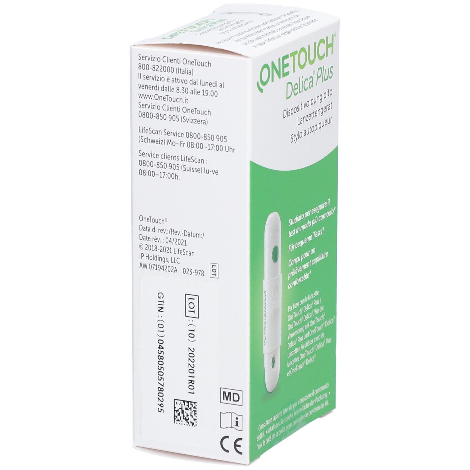 Rückseite der OneTouch Delica Plus Verpackung. Informationen zu Kundenservice und Hersteller.