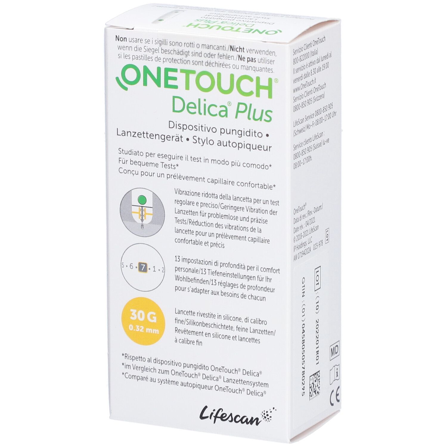OneTouch Delica Plus Verpackung. Produktname, Beschreibung und technische Details. 30G 0.32 mm.