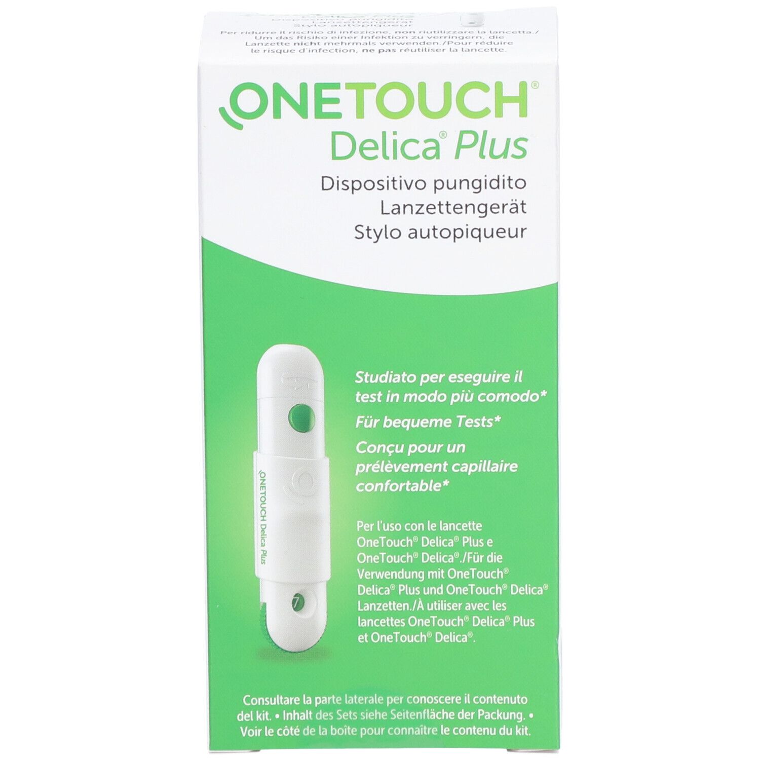 OneTouch Delica Plus Verpackung. Weiß mit grünen Akzenten. Produktname und Beschreibung.