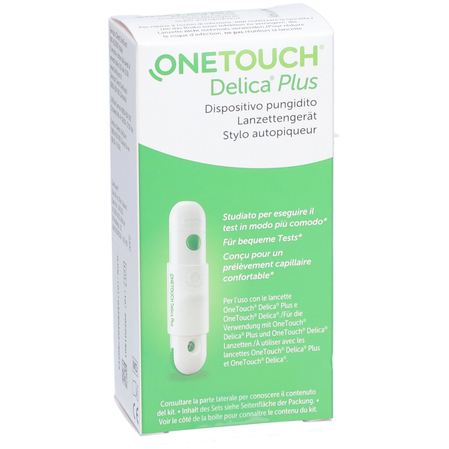 OneTouch Delica Plus Verpackung. Weiß mit grünen Akzenten. Produktname und Beschreibung.