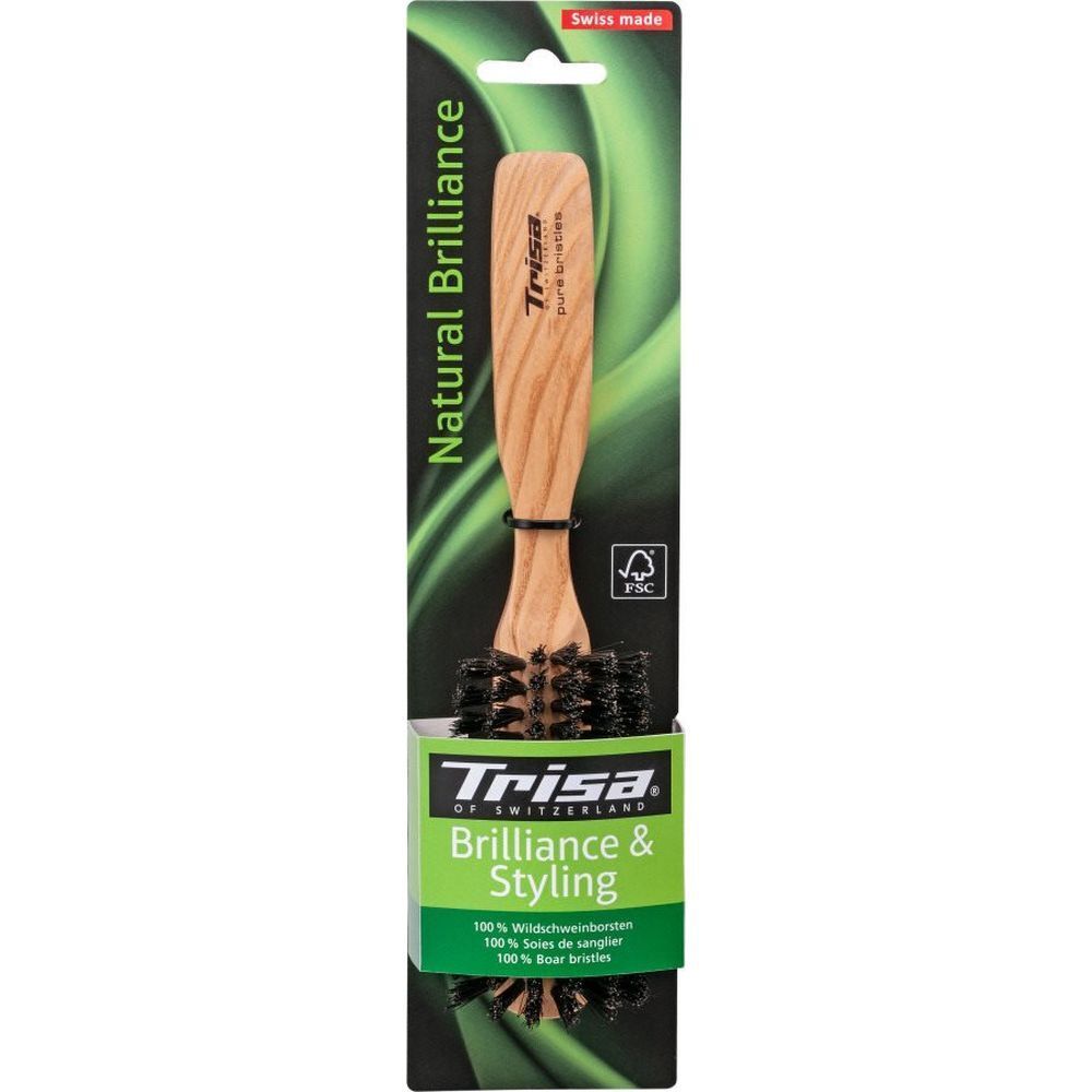 Haarbürste mit Holzgriff und Naturborsten in Verpackung. Marke Trisa, Schriftzug Natural Brilliance. FSC-Siegel.