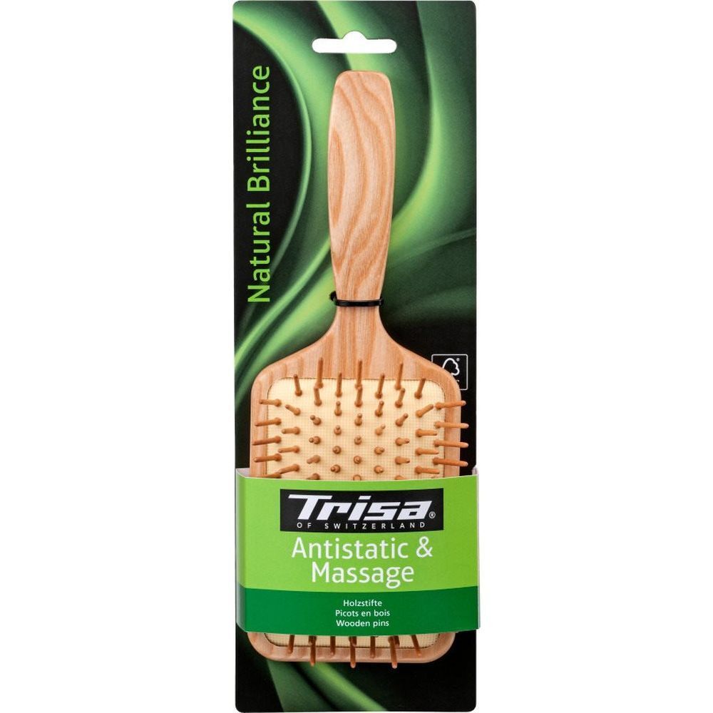 Holzbürste mit Holzstiften. Grifffläche aus Holz. Verpackung mit Produktnamen und Logo.