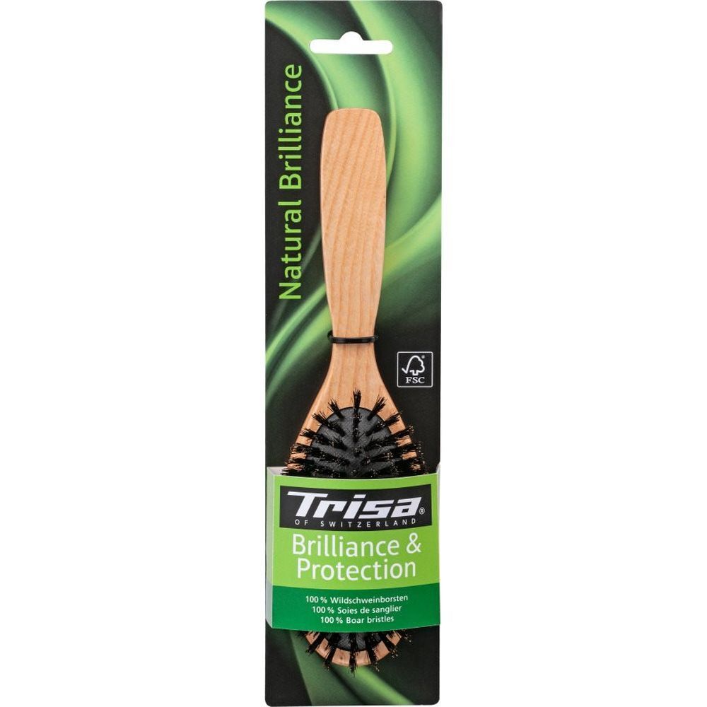 Haarbürste mit Holzgriff und Wildschweinborsten in Verpackung. Marke TRISA, FSC-Zertifizierung.