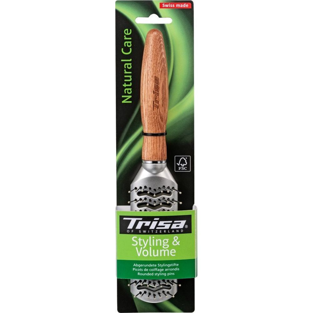 Runde Haarbürste mit Holzgriff und Metallborsten. Verpackung mit Produktnamen und FSC-Siegel.