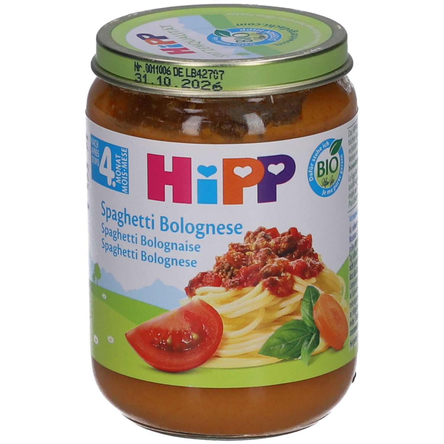 Pot de HiPP Spaghetti Bolognese bio dès 4 mois. Label bio. Illustration de spaghettis à la bolognaise.