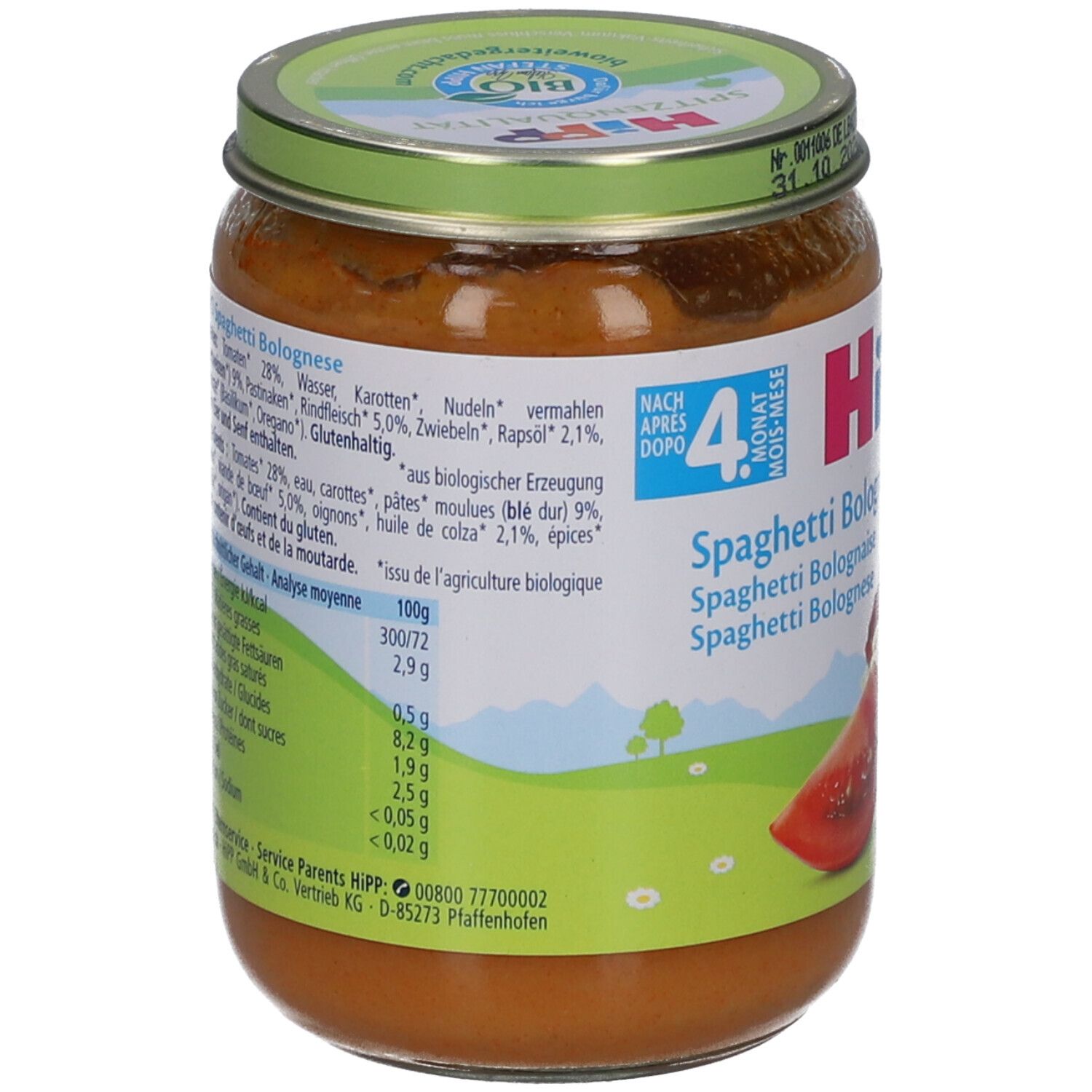 Dos du pot de HiPP Spaghetti Bolognese. Liste des ingrédients et informations nutritionnelles. Label bio.