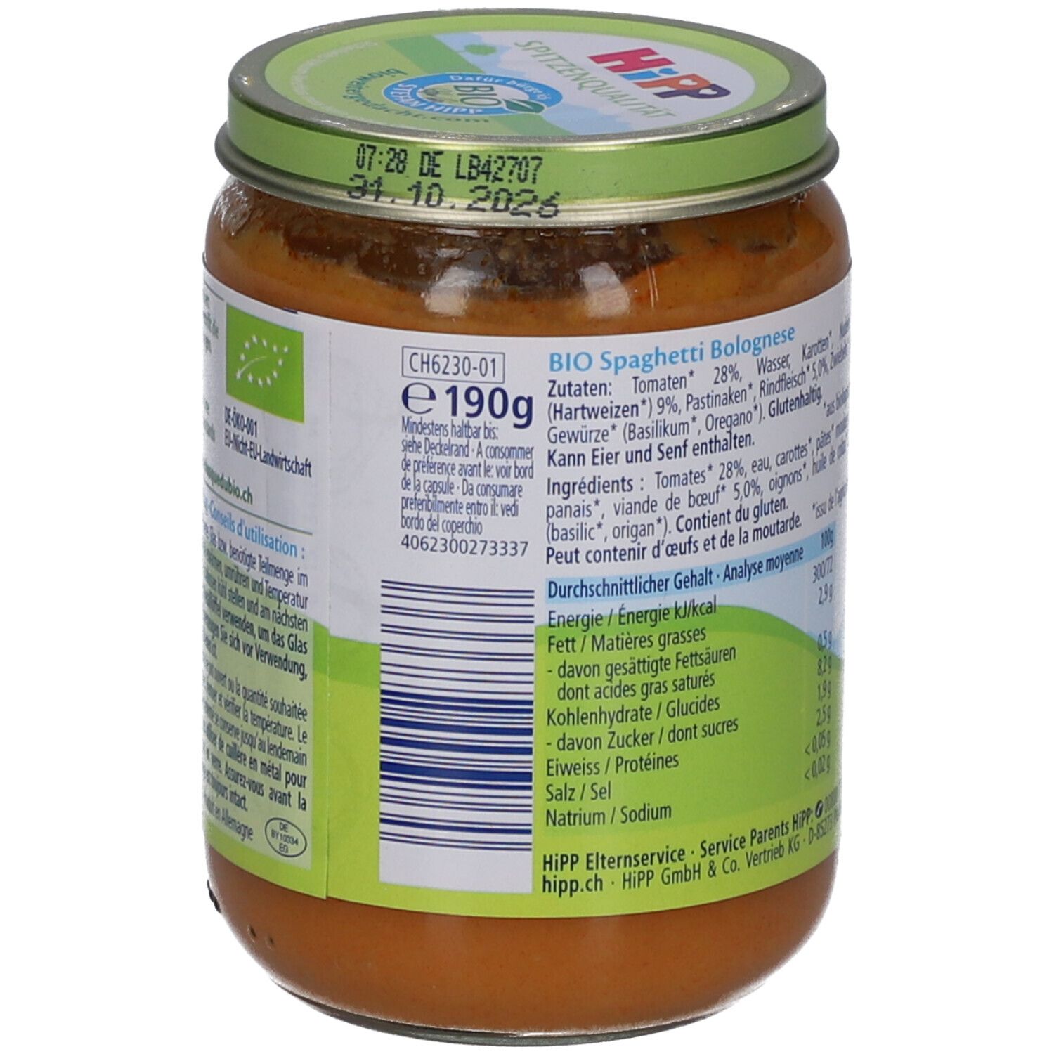 Dos du pot de HiPP Spaghetti Bolognese. Liste des ingrédients et informations nutritionnelles. Label bio. 190g.