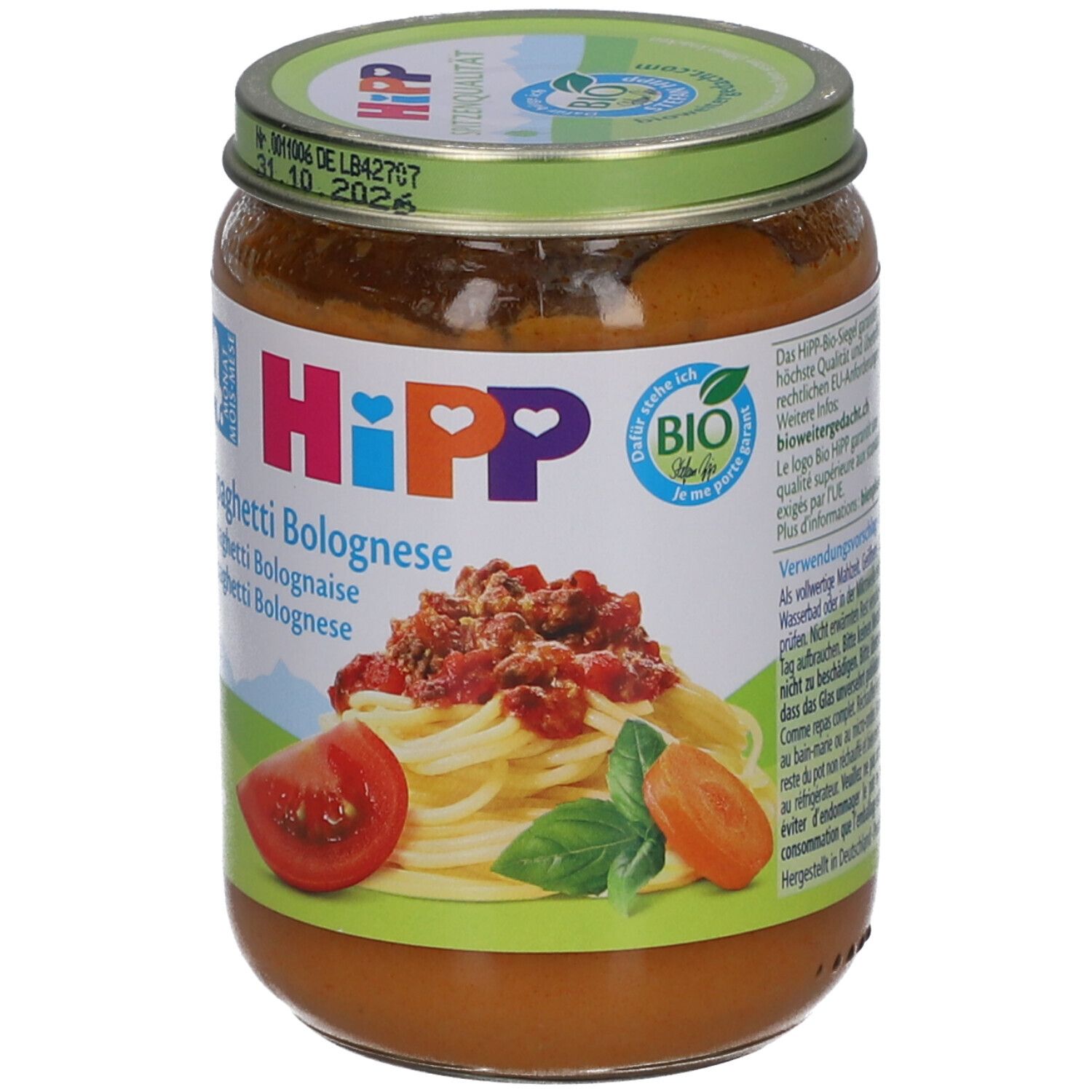 Pot de HiPP Spaghetti Bolognese bio dès 4 mois. Label bio. Illustration de spaghettis à la bolognaise.
