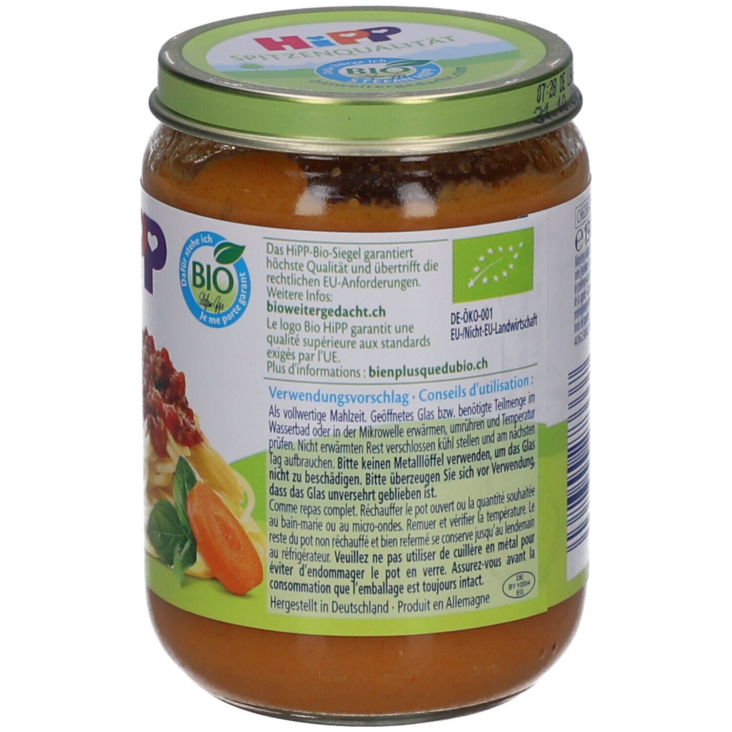 Dos du pot de HiPP Spaghetti Bolognese. Informations, label bio, Fabriqué en Allemagne.