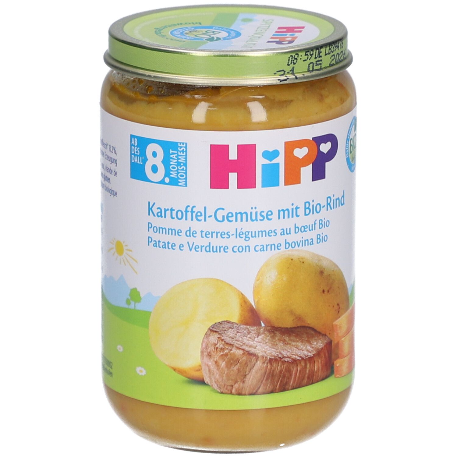 Glas mit HiPP Bio-Rindfleisch-Gemüse für Babys ab 8 Monaten. Kartoffel, Gemüse und Fleisch abgebildet.