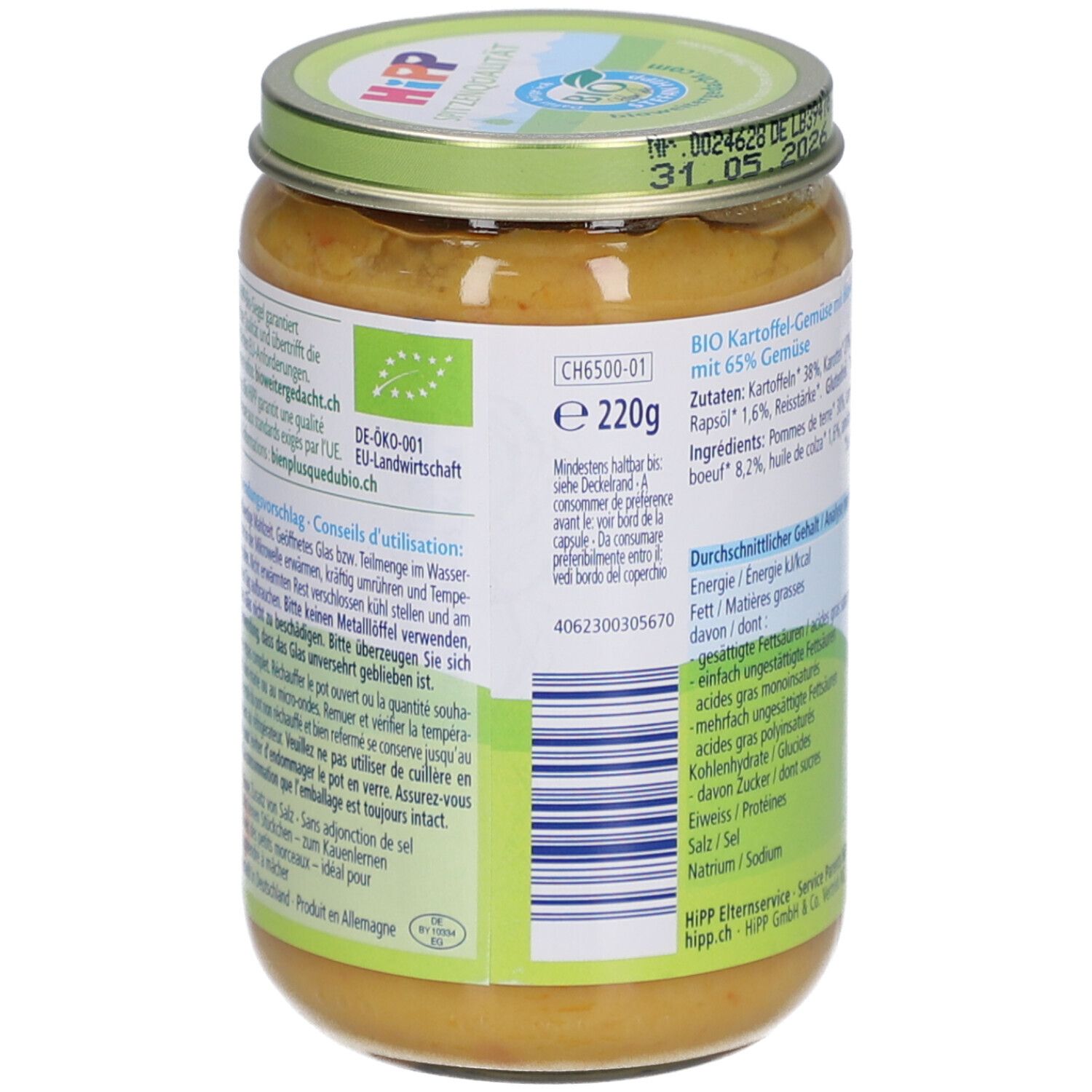 Rückseite des Glases mit HiPP Bio-Rindfleisch-Gemüse. EU-Bio-Logo und weitere Informationen.