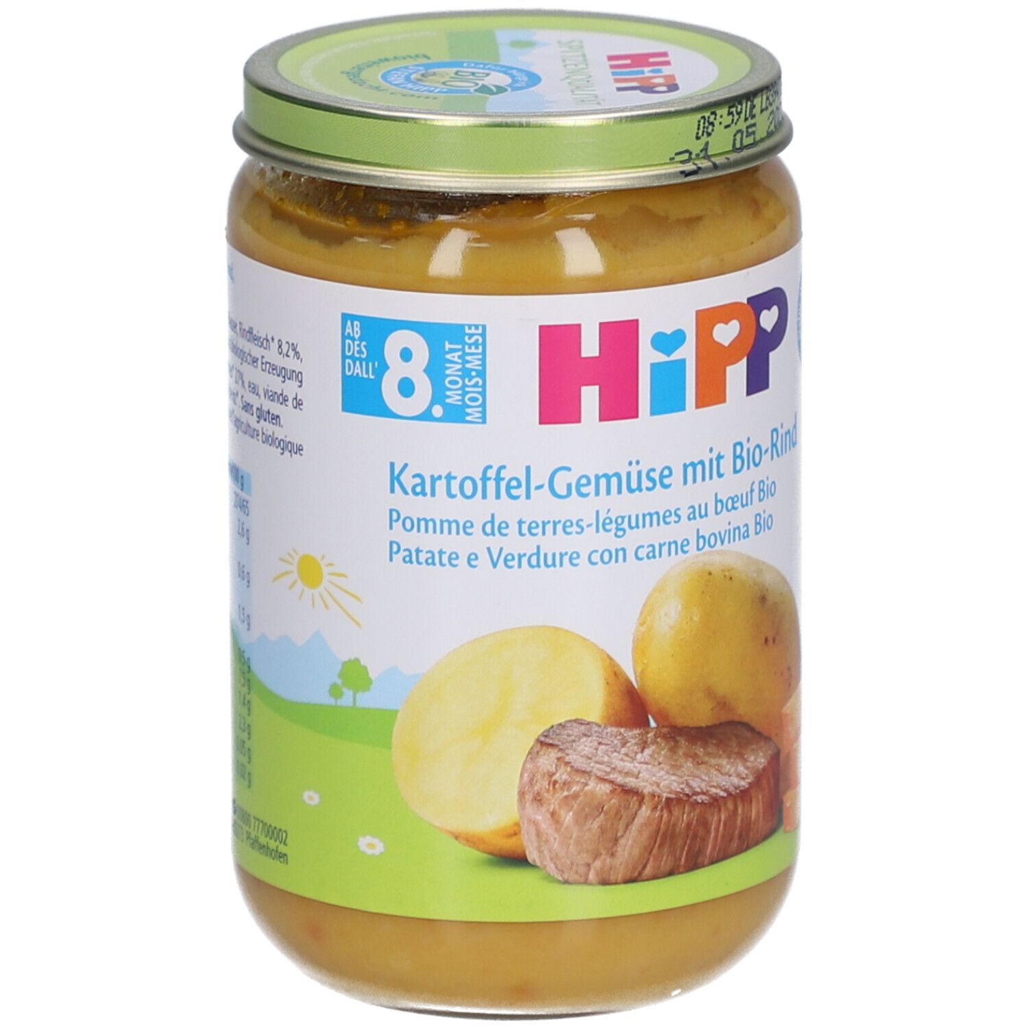 Glas mit HiPP Bio-Rindfleisch-Gemüse für Babys ab 8 Monaten. Kartoffel, Gemüse und Fleisch abgebildet.