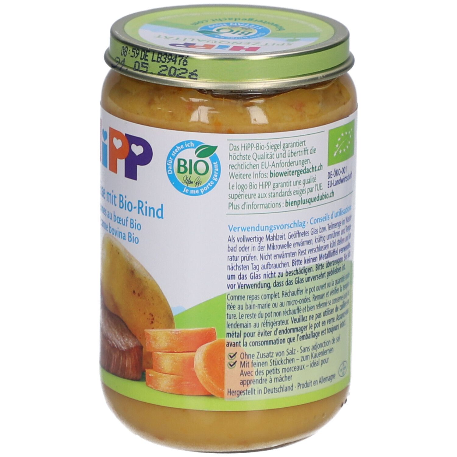 Glas mit HiPP Bio-Rindfleisch-Gemüse. Karotten, Kartoffel, Fleisch und Logo. Informationen zur Zubereitung.