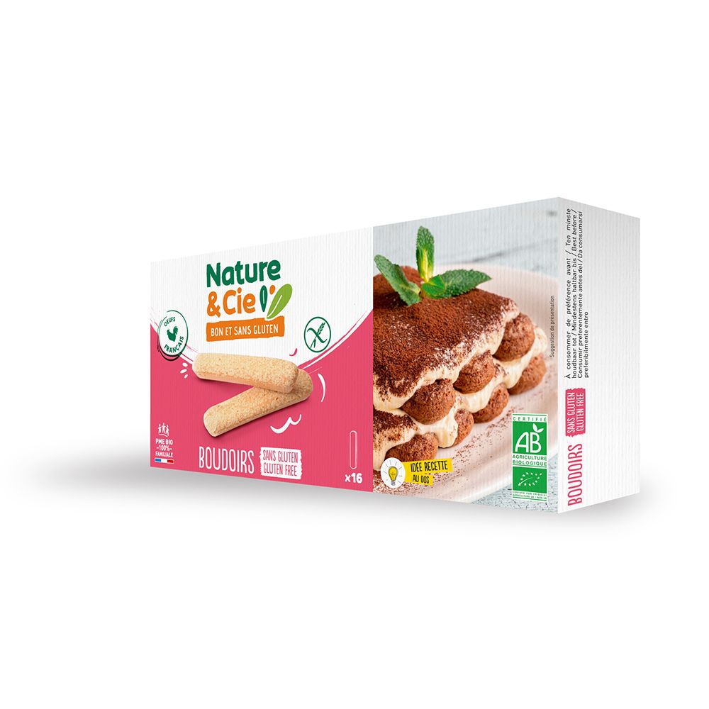Verpackung mit glutenfreien Biskuit-Böden. Marke Nature & Cie. Aufdruck: Bio, glutenfrei. Abbildung von Tiramisu.