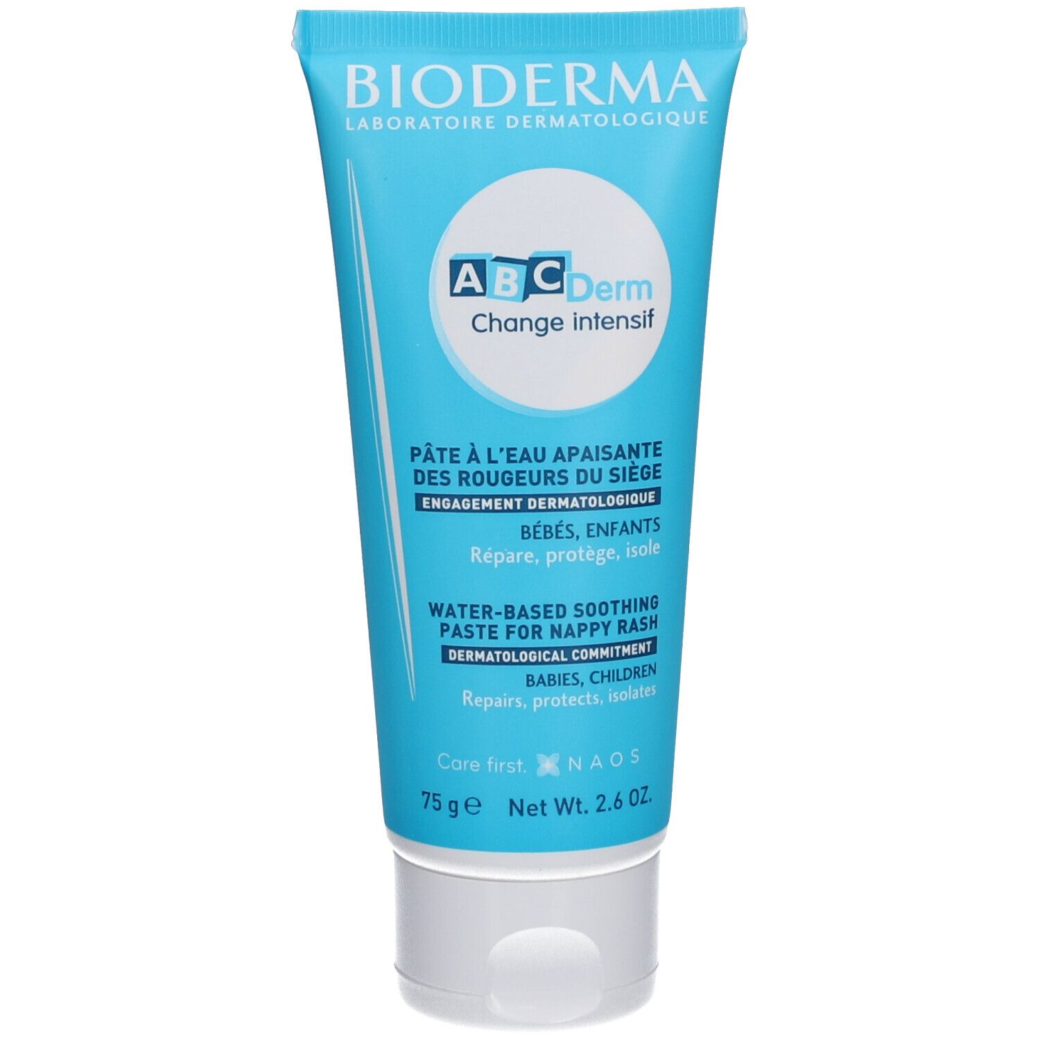 Blau-weiße Tube mit Produktnamen und Logo. Text: Pâte à l'eau apaisante, 75g. Marke: Bioderma ABCDerm Change intensif.