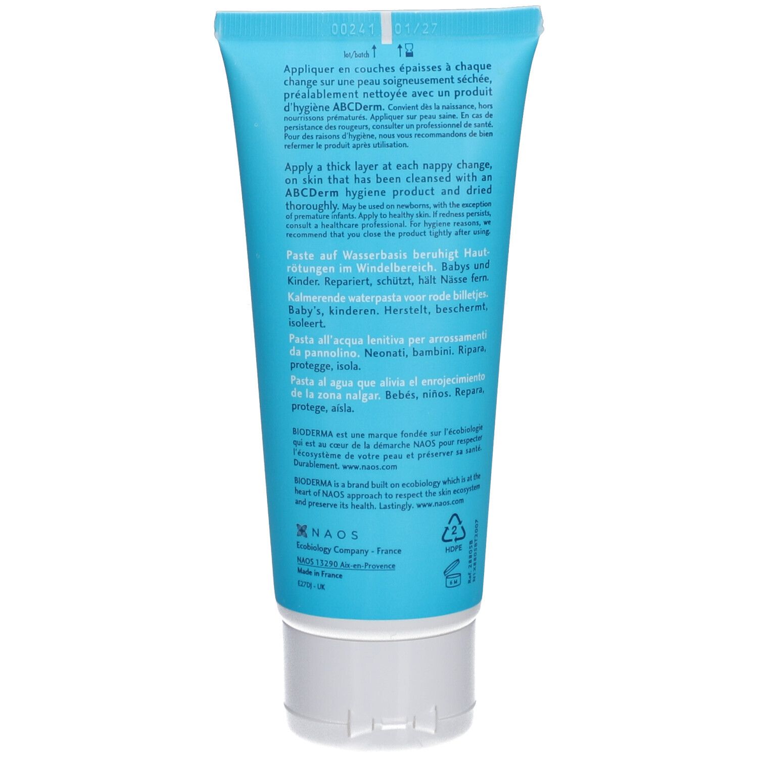 Rückseite der Tube. Text in mehreren Sprachen: Anwendungshinweise, Inhaltsstoffe, Marke Bioderma, NAOS.