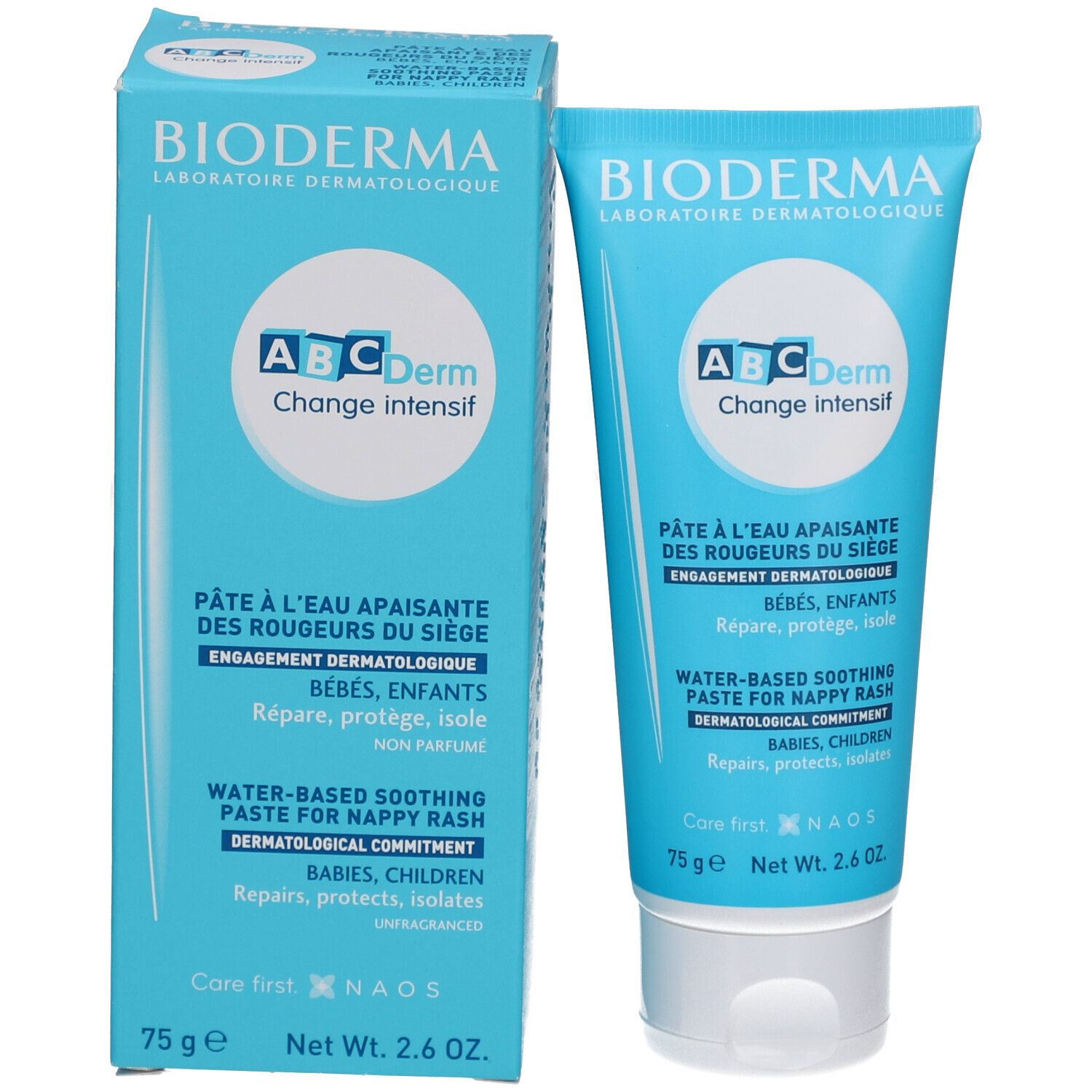 Produktverpackung: Tube und Schachtel. Beide zeigen Logo, Produktname und Text: Pâte à l'eau apaisante, 75g. Marke: Bioderma.