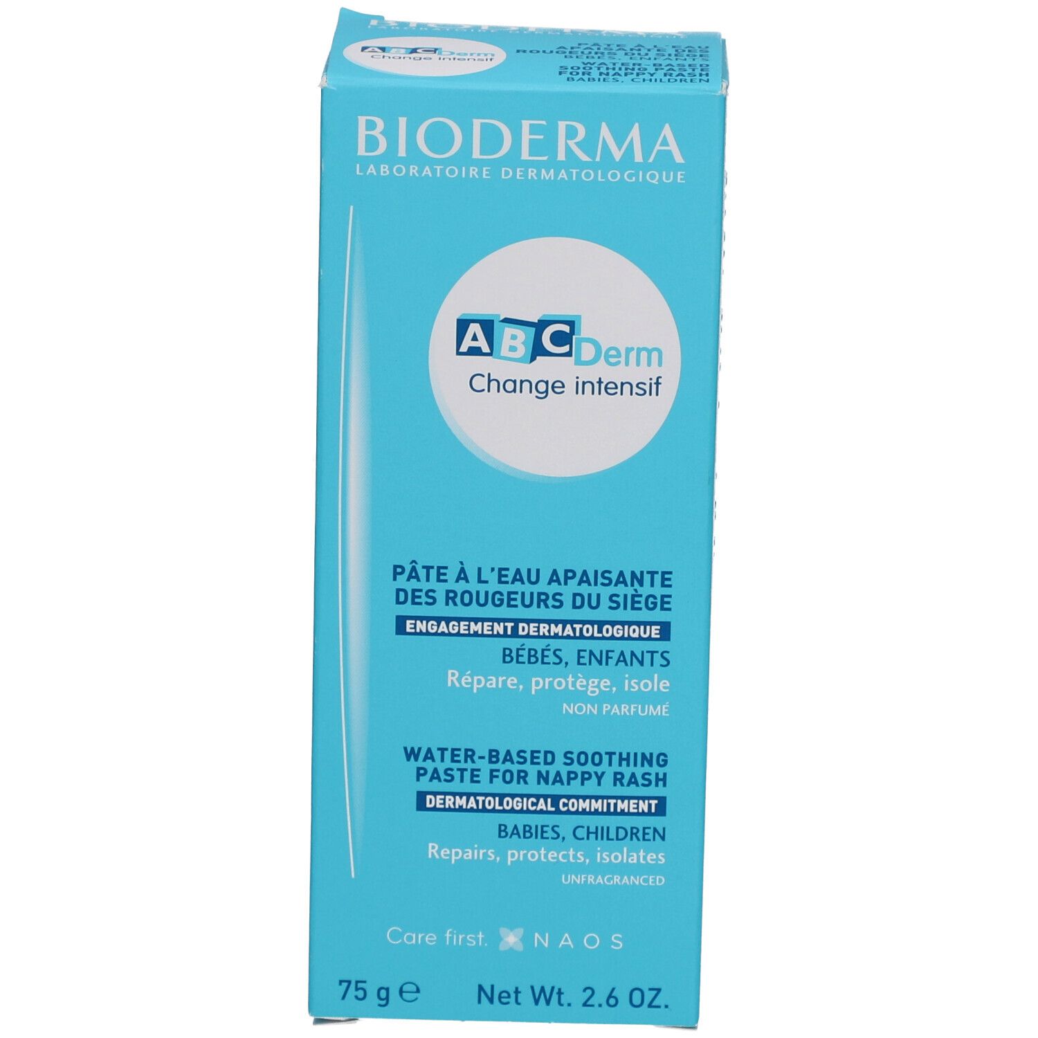Produktverpackung: blaue Schachtel. Logo, Produktname und Text: Pâte à l'eau apaisante, 75g. Marke: Bioderma.