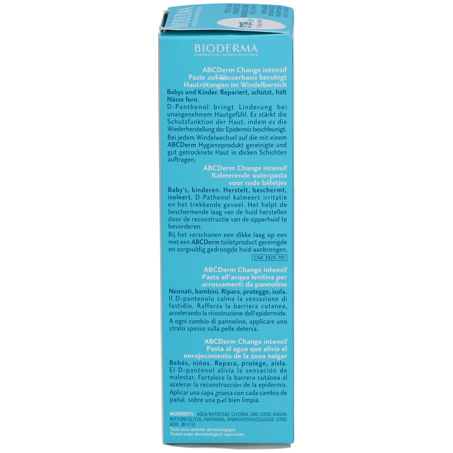 Seite der Schachtel. Text in mehreren Sprachen: Produktinformationen, Inhaltsstoffe, Marke Bioderma.