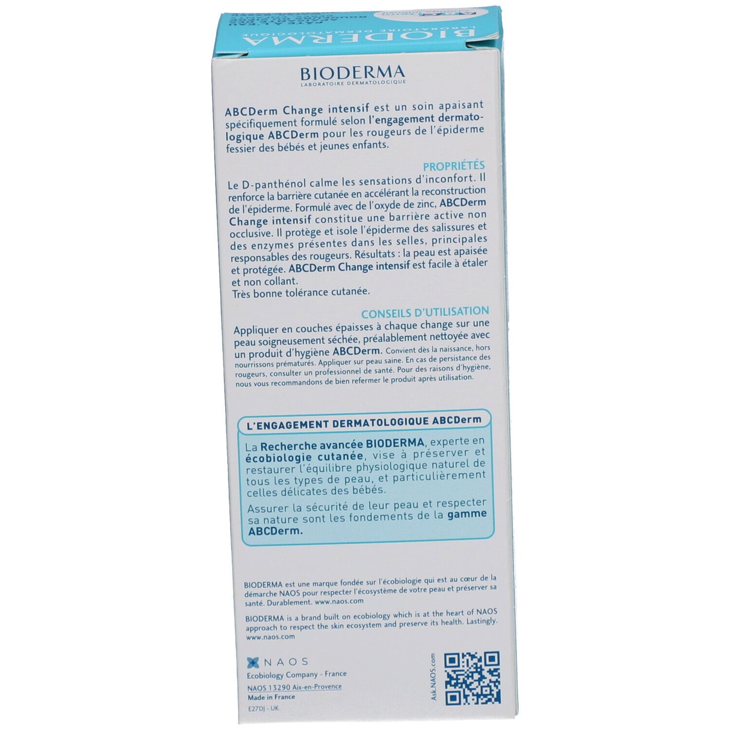 Seite der Schachtel. Text in Französisch: Produktbeschreibung, Anwendungshinweise, Marke Bioderma.