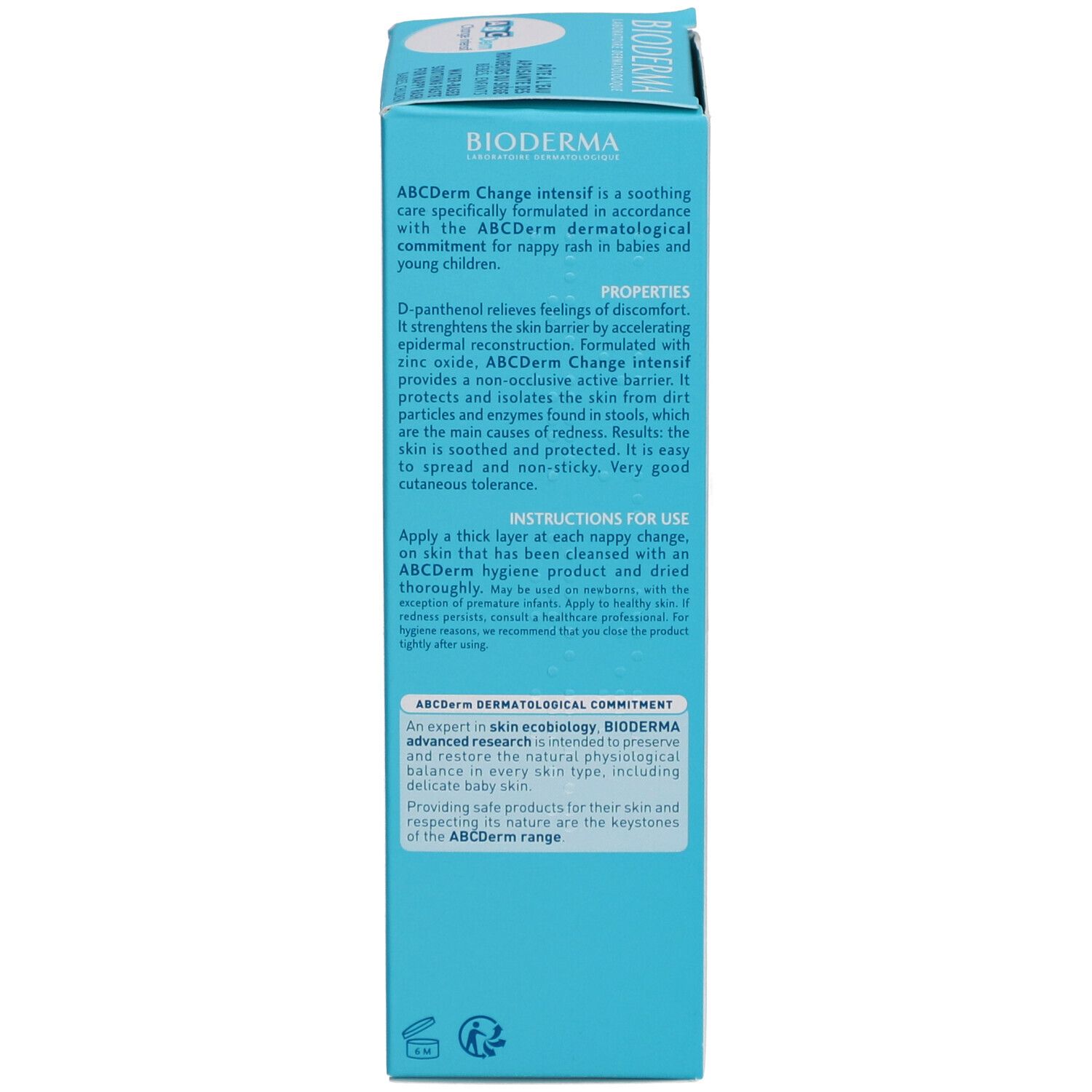 Seite der Schachtel. Text in Englisch: Produktbeschreibung, Anwendungshinweise, Marke Bioderma.