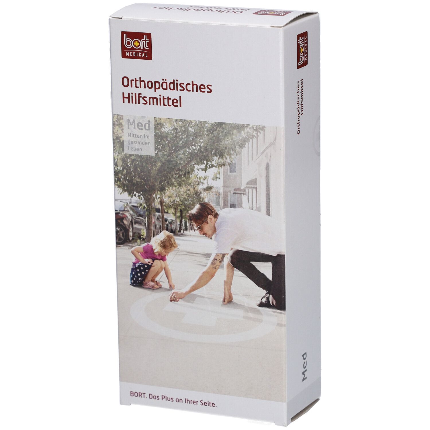 Productverpakking met BORT-logo en tekst 'Orthopädisches Hilfsmittel'. Afbeelding van een persoon die met een kind op straat tekent.