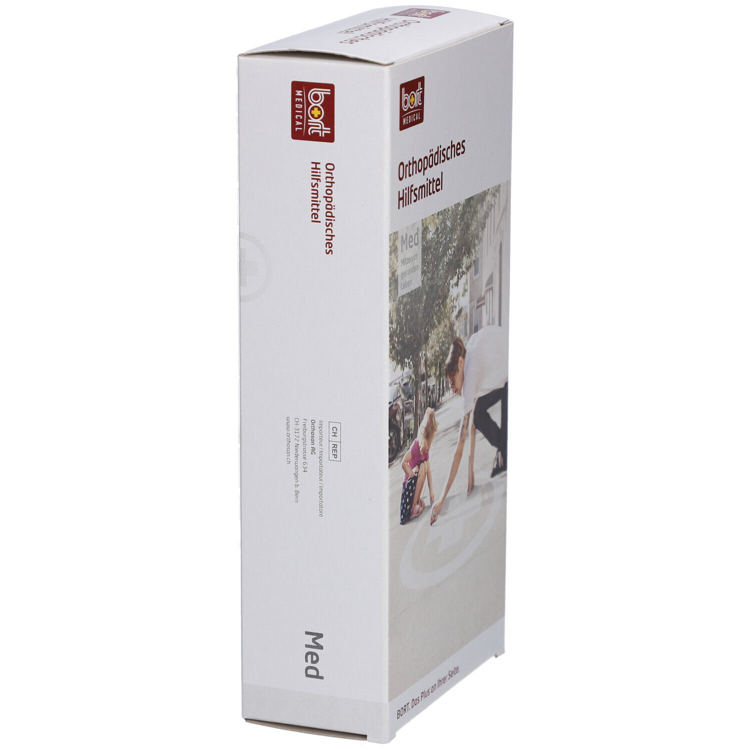Witte productverpakking met BORT-logo en tekst 'Orthopädisches Hilfsmittel'. Zijaanzicht met afbeelding van een persoon die met een kind tekent.