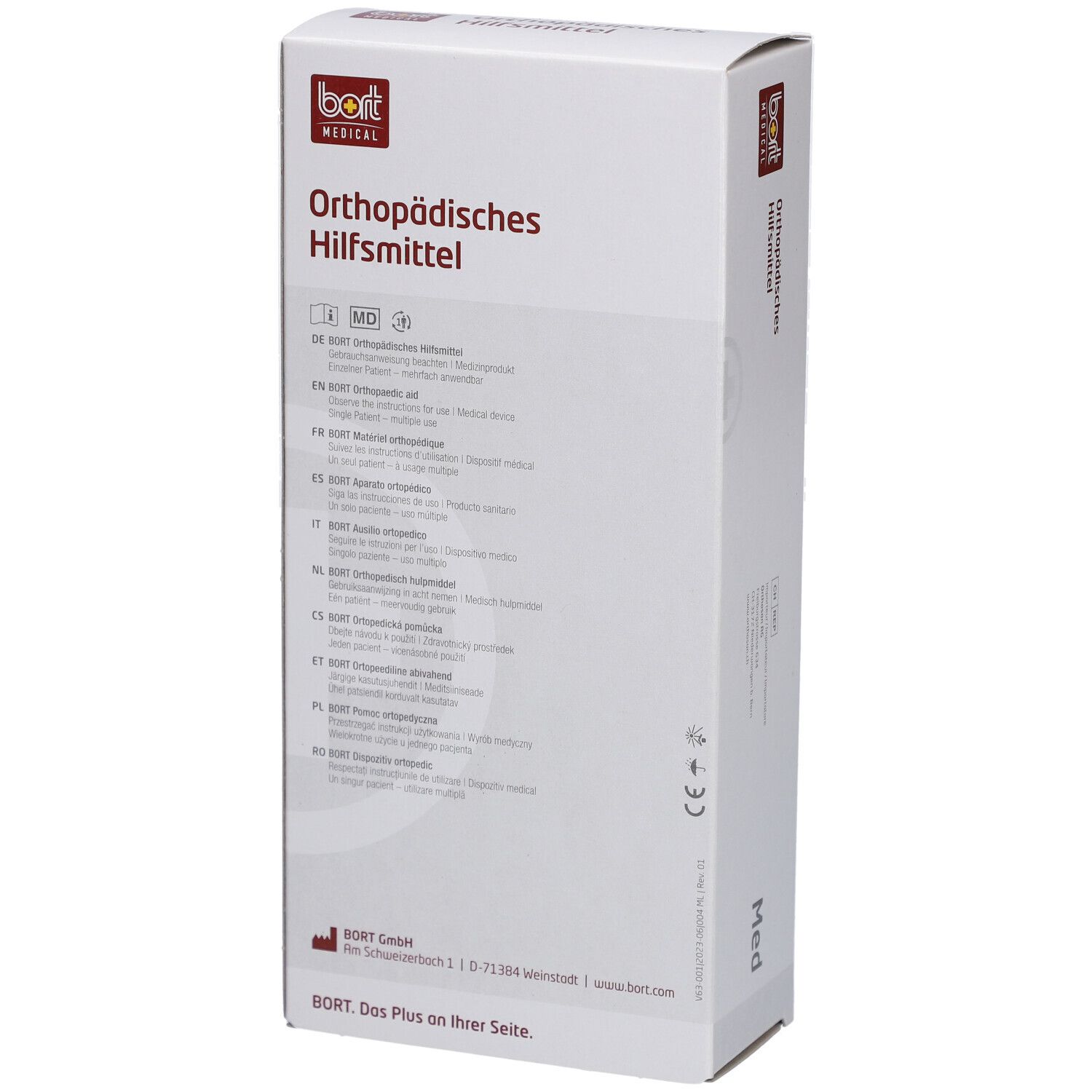 Witte productverpakking met BORT-logo en tekst 'Orthopädisches Hilfsmittel'. Achterkant met productinformatie en CE-markering.
