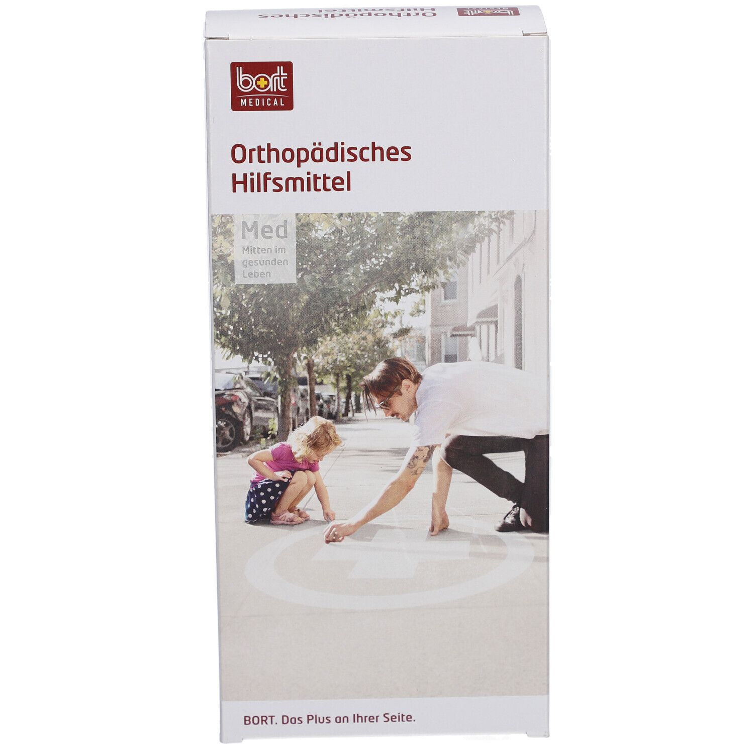 Productverpakking met BORT-logo en tekst 'Orthopädisches Hilfsmittel'. Afbeelding van een persoon die met een kind op straat tekent.