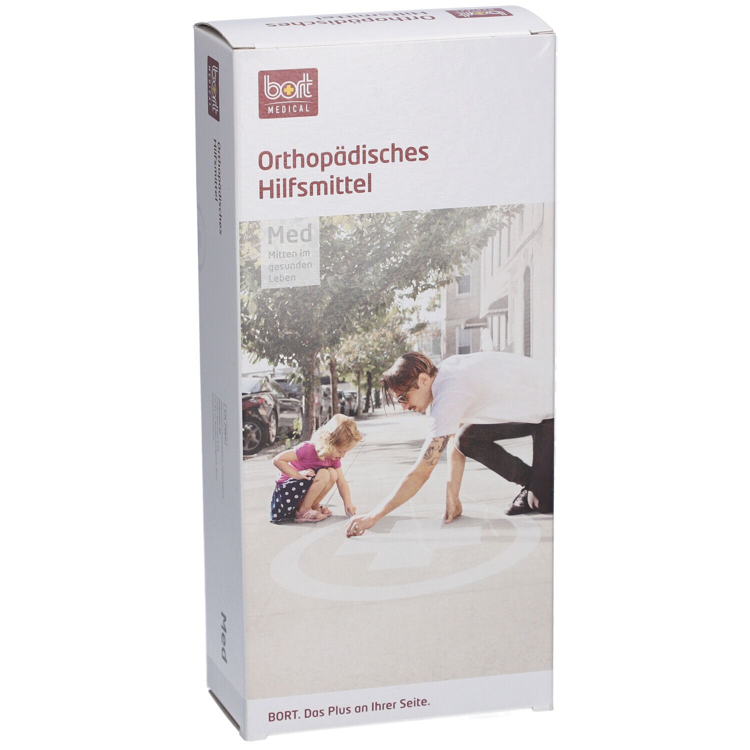 Productverpakking met BORT-logo en tekst 'Orthopädisches Hilfsmittel'. Afbeelding van een persoon die met een kind op straat tekent.