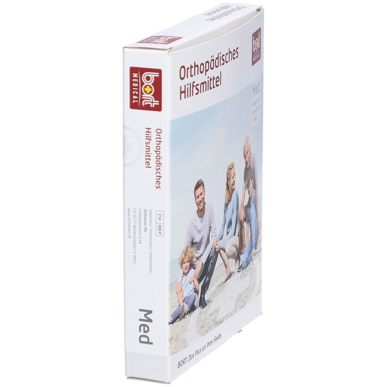 Seitenansicht der Produktverpackung. Aufschrift: Orthopädisches Hilfsmittel, bort MEDICAL, Med.