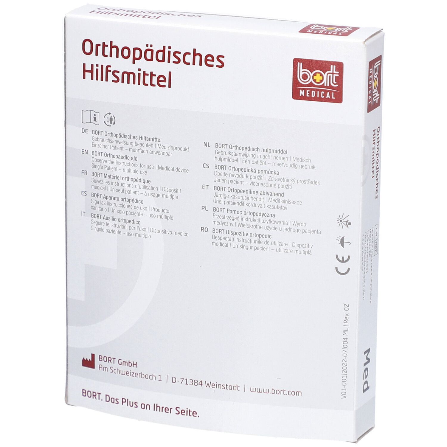 Rückseite der Produktverpackung. Mehrsprachige Produktinformationen und Herstellerangaben.