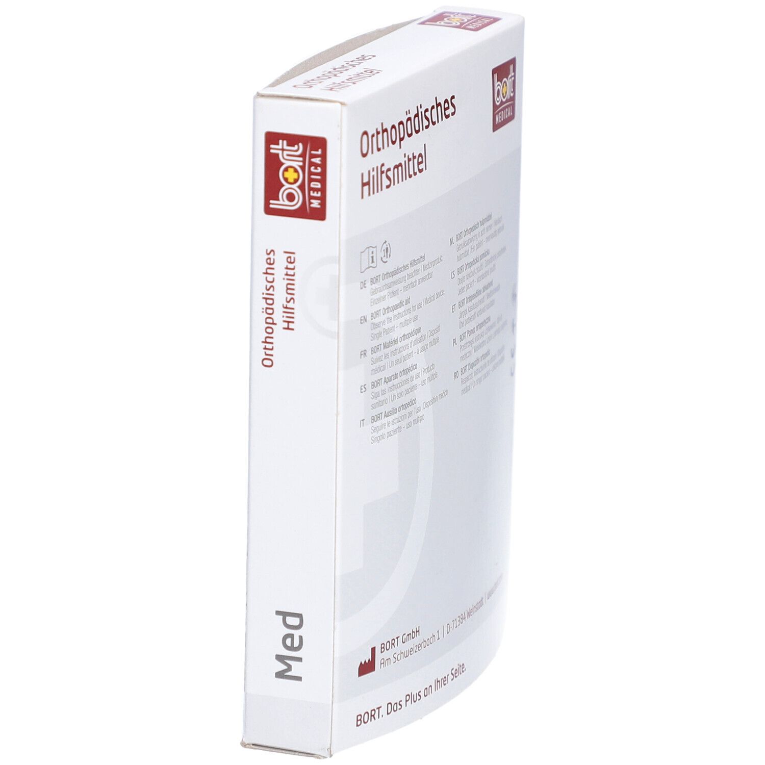 Seitenansicht der Produktverpackung. Aufschrift: Orthopädisches Hilfsmittel, bort MEDICAL, Med.