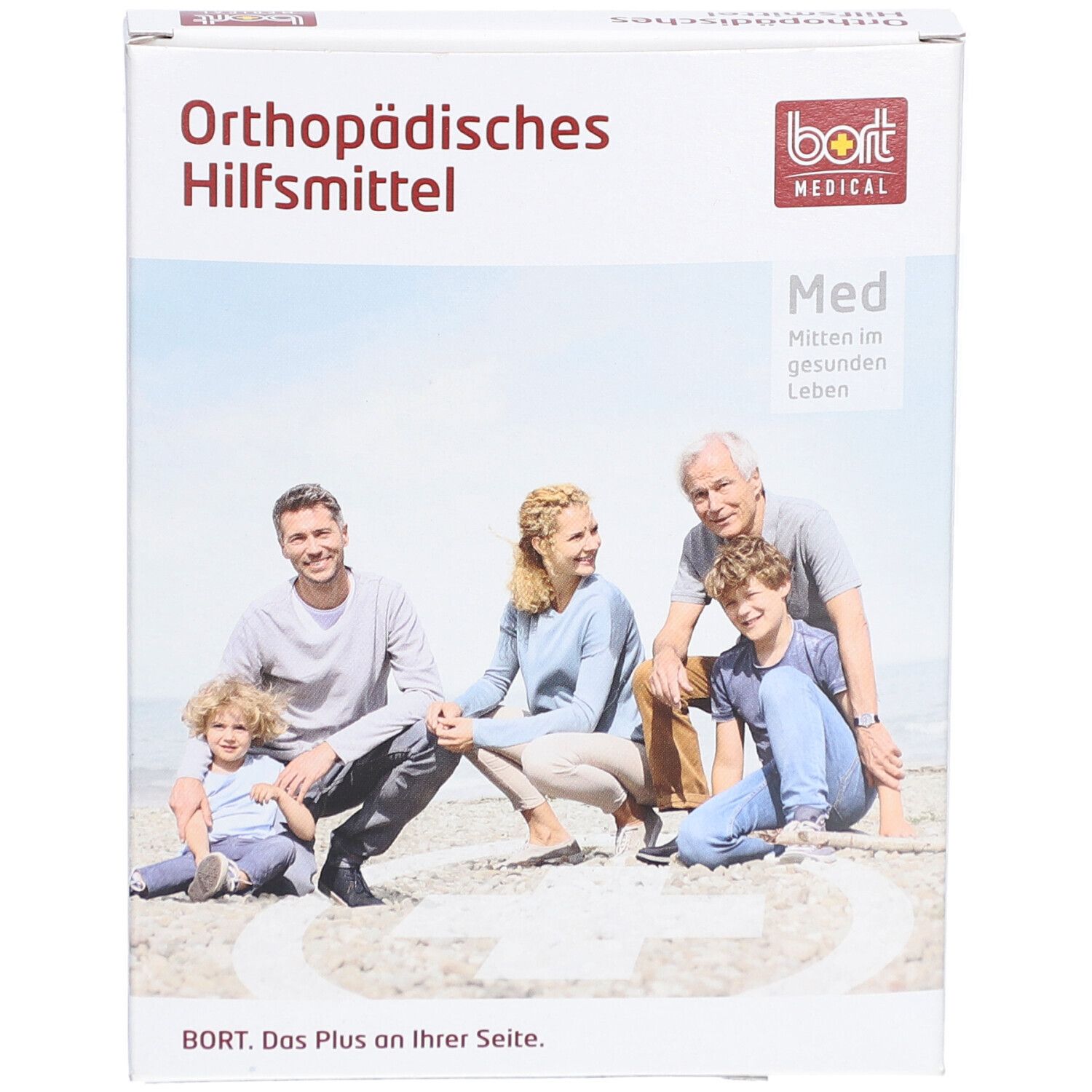 Produktverpackung mit Familienfoto. Aufschrift: Orthopädisches Hilfsmittel, bort MEDICAL, Med.