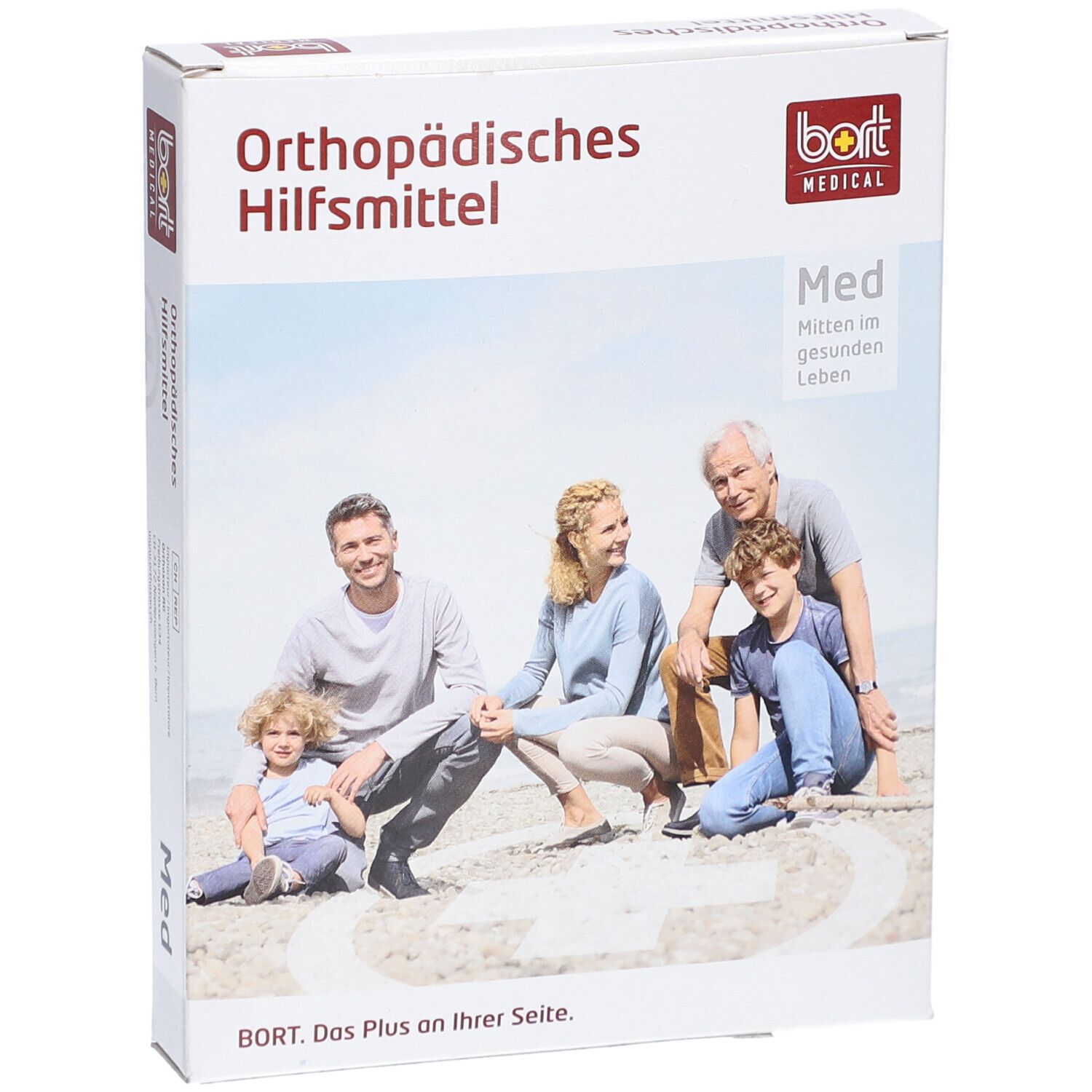 Produktverpackung mit Familienfoto. Aufschrift: Orthopädisches Hilfsmittel, bort MEDICAL, Med.