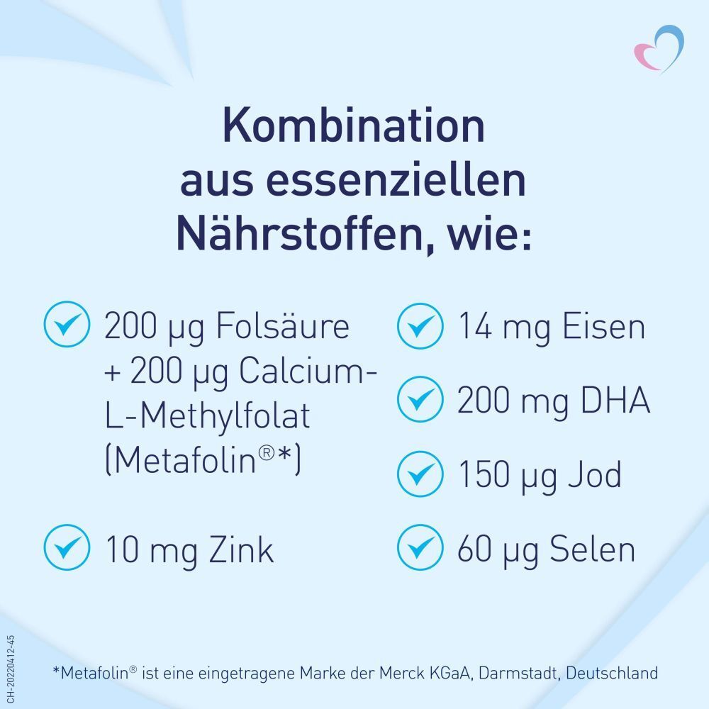 Nährstoffübersicht: Folsäure, Calcium-L-Methylfolat, Zink, Eisen, DHA, Jod und Selen. Metfolin® ist eine Marke.