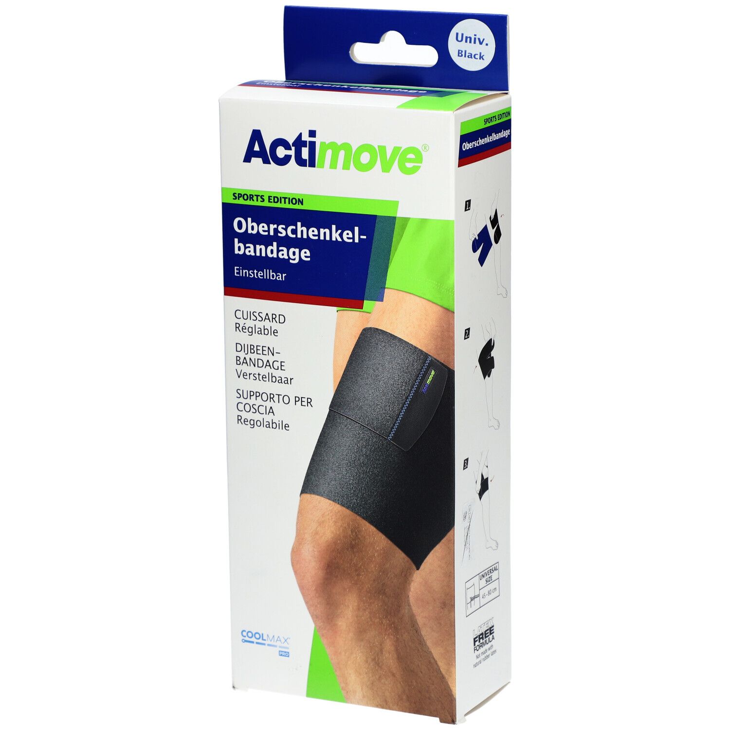 Verpackung mit Oberschenkelbandage. Schwarze Bandage am Bein. Marke Actimove Sports Edition. Einstellbar.