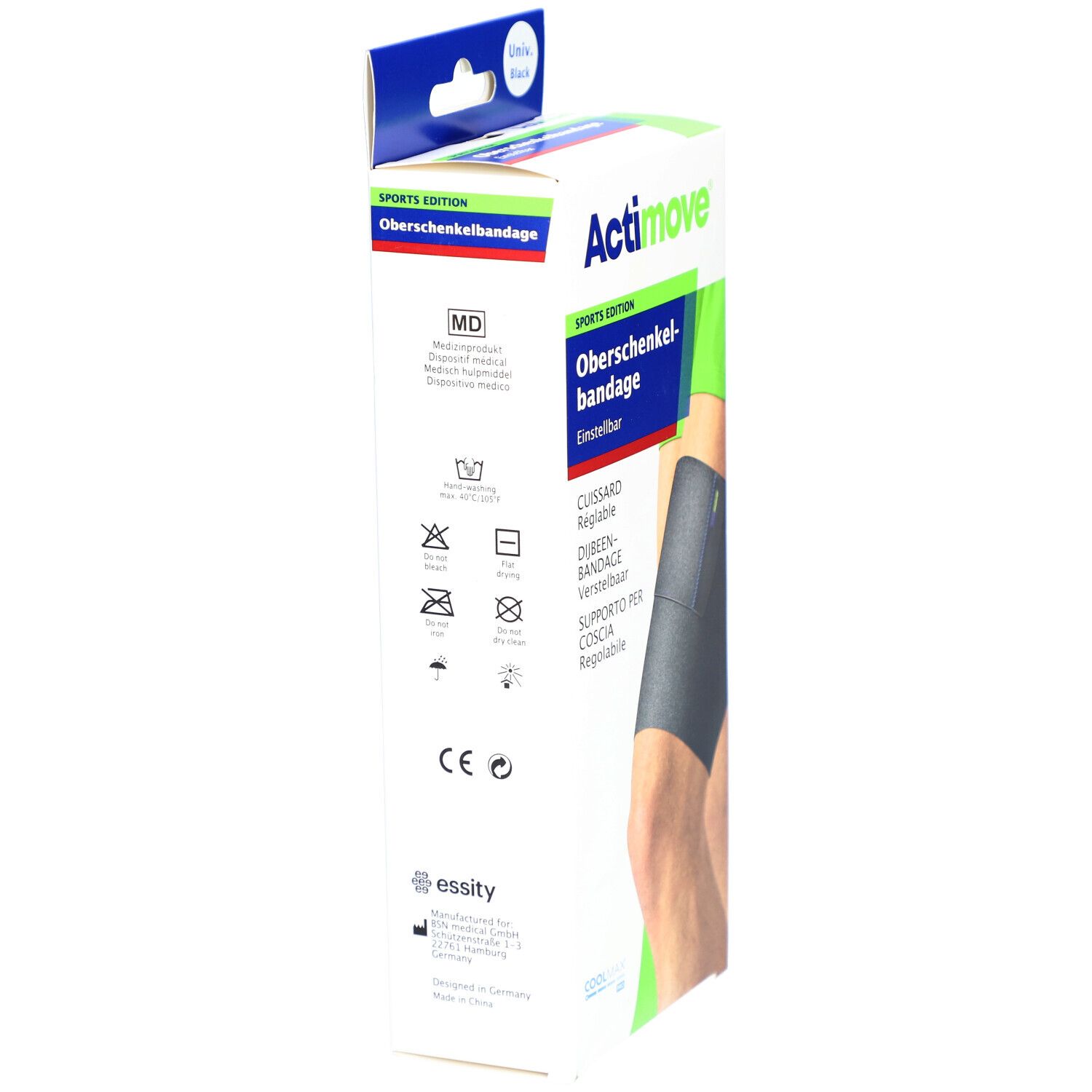 Verpackung mit Oberschenkelbandage. Marke Actimove Sports Edition. Waschsymbole und CE-Zeichen.