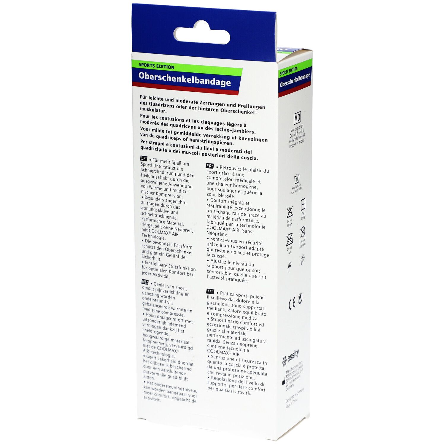 Verpackung mit Text. Oberschenkelbandage für leichte Zerrungen. Informationen in Deutsch, Französisch, Italienisch, Niederländisch.