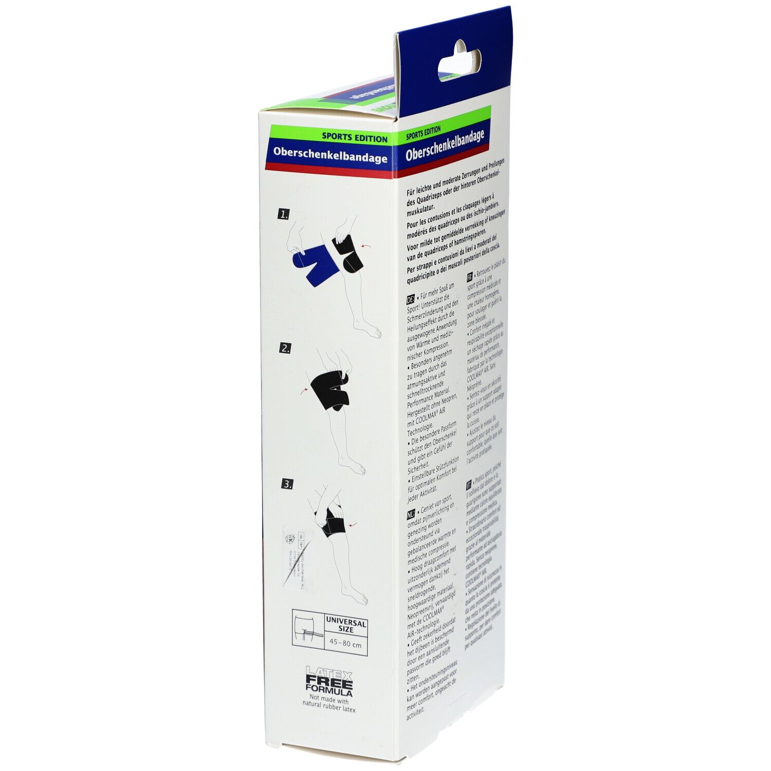 Verpackung mit Illustrationen. Anwendung der Oberschenkelbandage. Größenangabe: Universal. Marke Actimove.