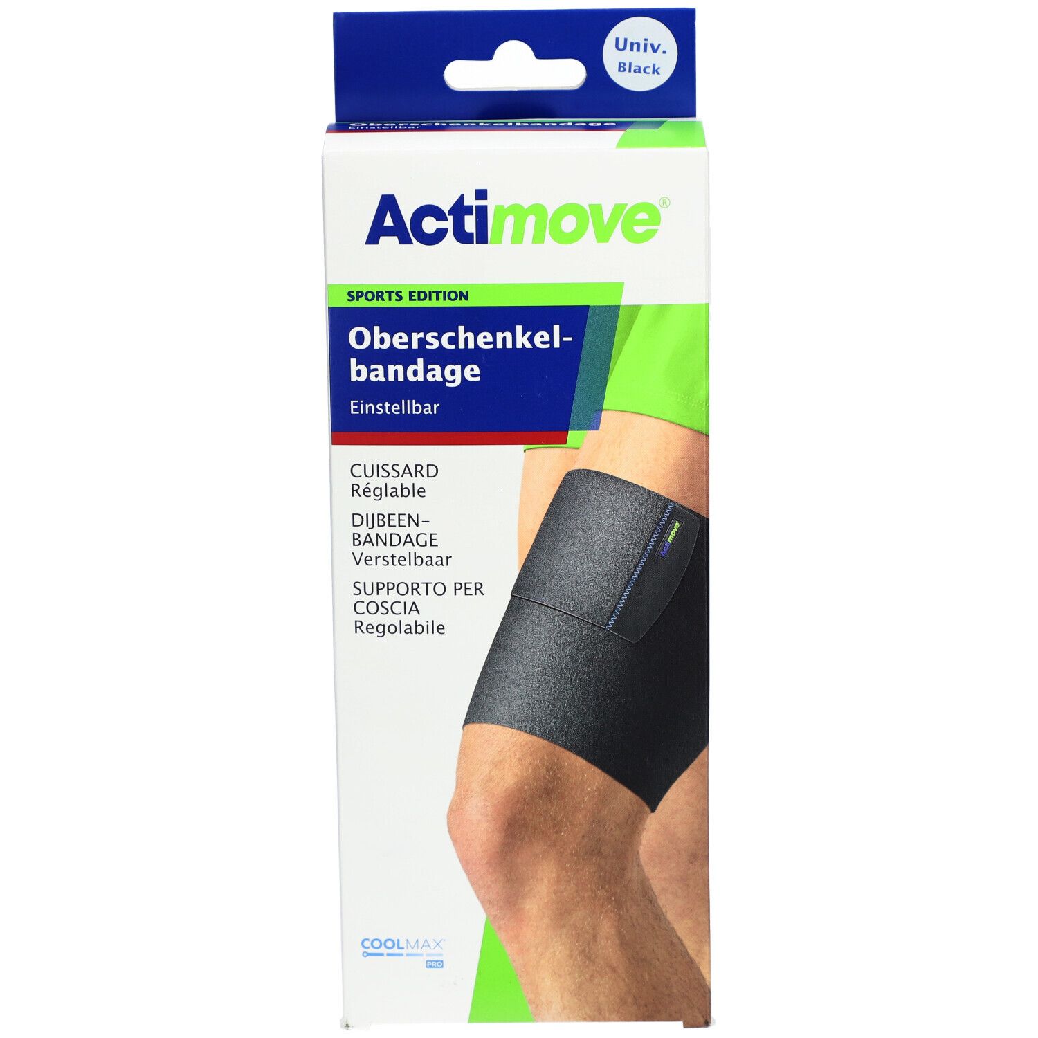 Verpackung mit Oberschenkelbandage. Schwarze Bandage am Bein. Marke Actimove Sports Edition. Einstellbar.