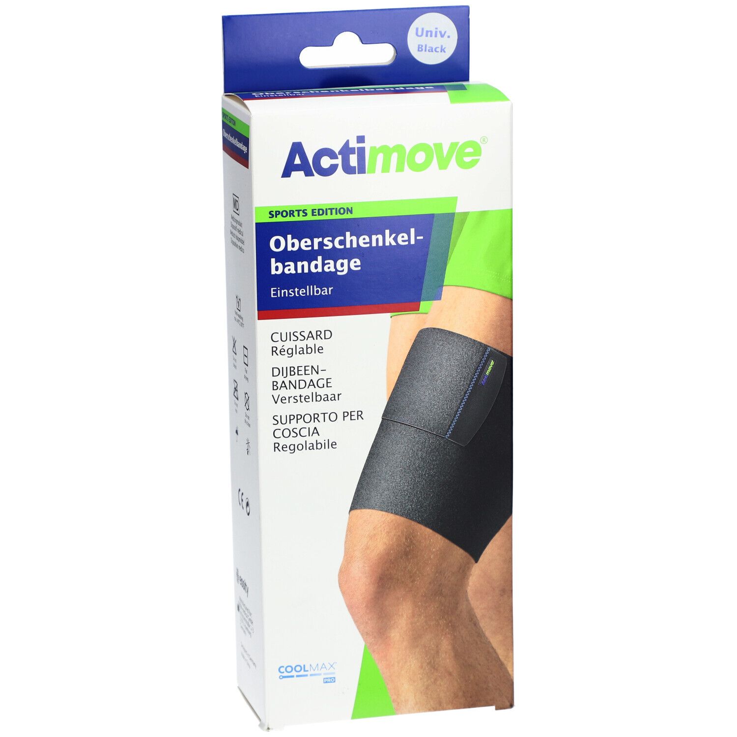 Verpackung mit Oberschenkelbandage. Schwarze Bandage am Bein. Marke Actimove Sports Edition. Einstellbar.